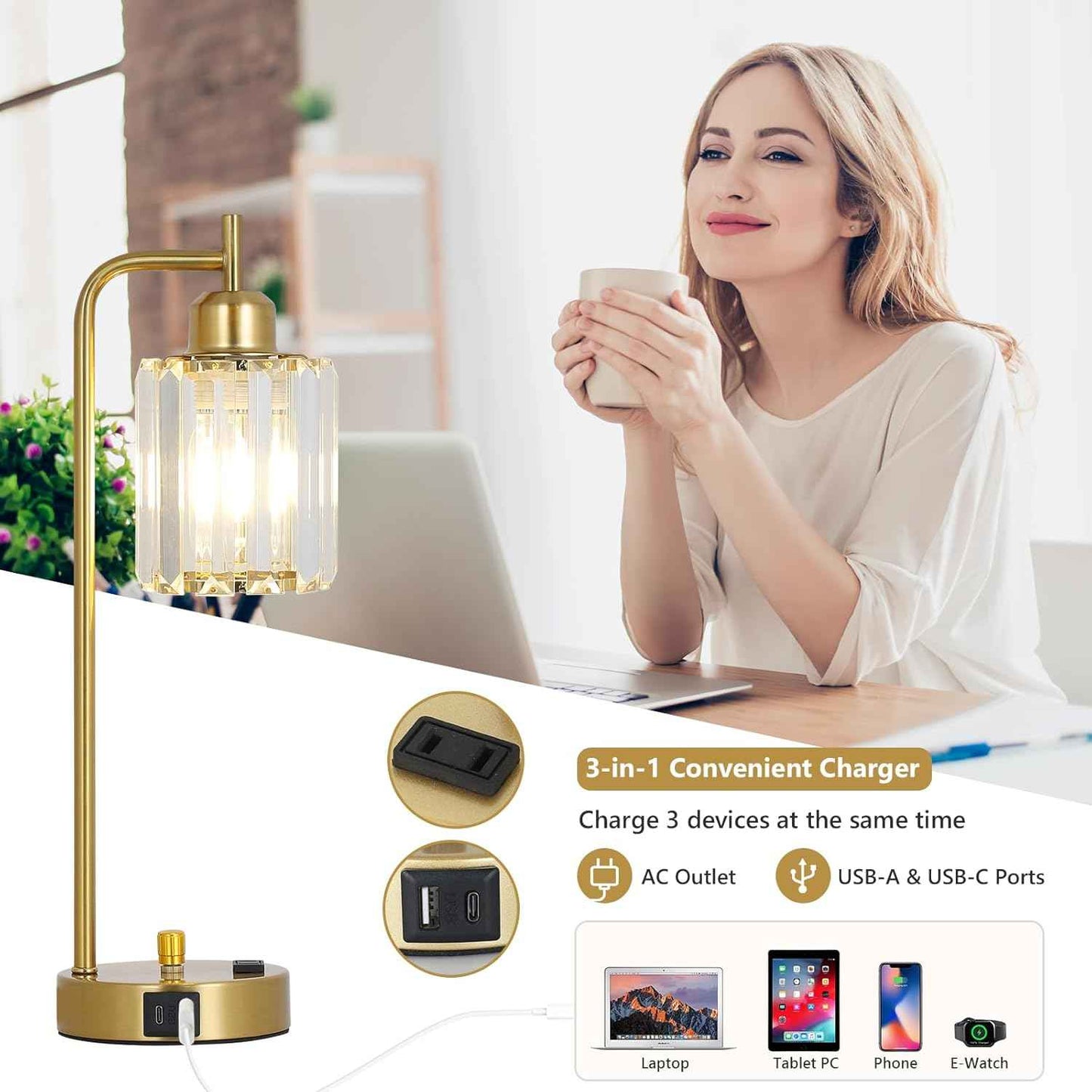 Modern Gold Crystal Table Lamps Set of 2 with LED Bulbs & USB Port - Elegant Bedside Lighting