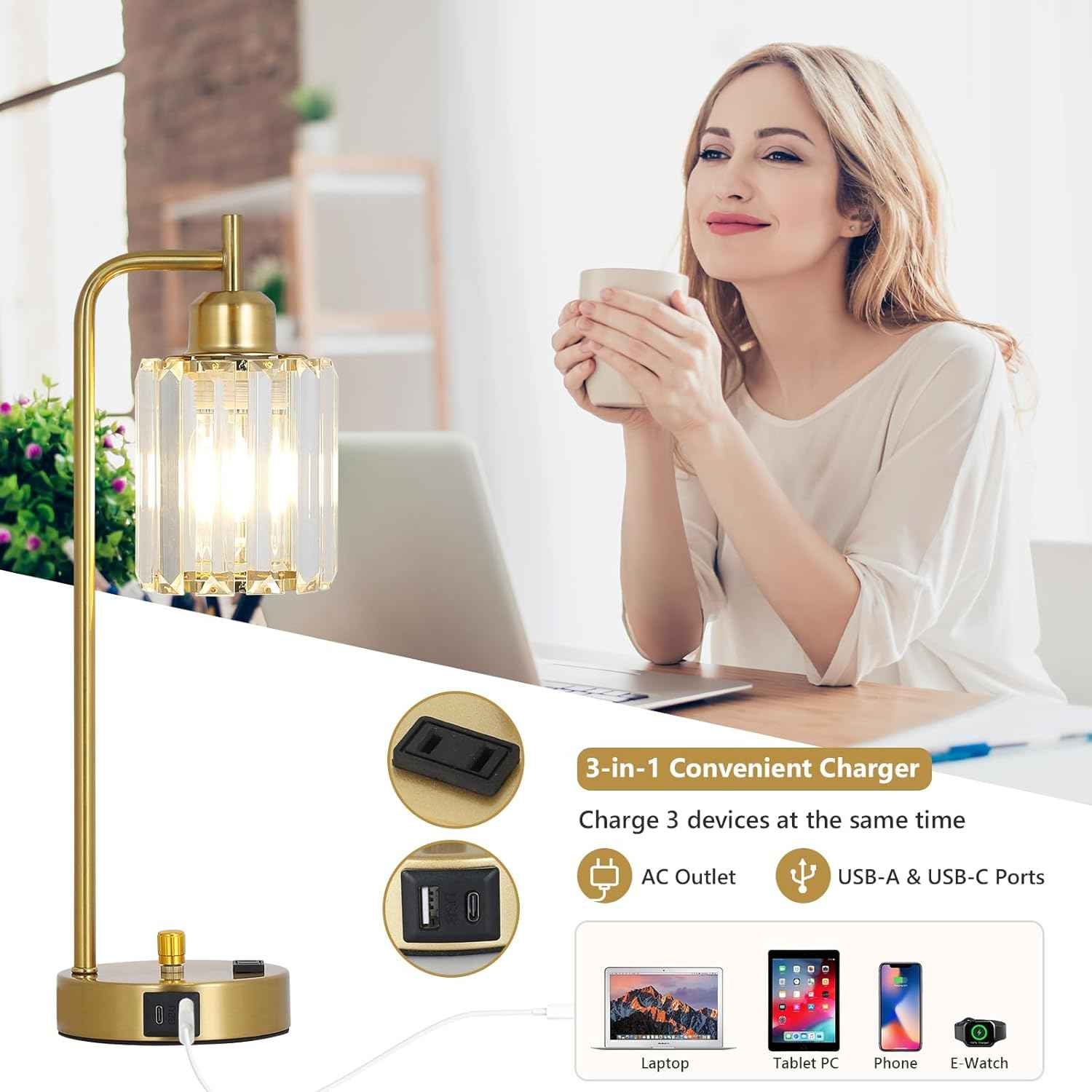 Modern Gold Crystal Table Lamps Set of 2 with LED Bulbs & USB Port - Elegant Bedside Lighting