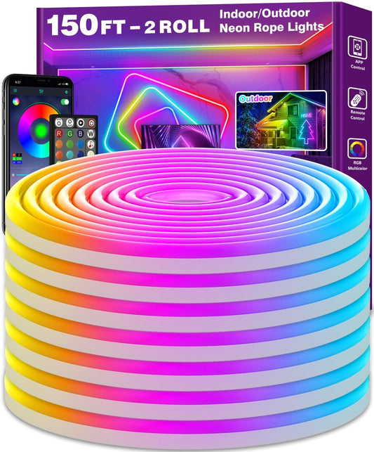 50FT LED Neon Rope Lights - App/Remote Control, Waterproof RGB Strip for Outdoor & Bedroom Decor, Music Sync & Multiple Modes
