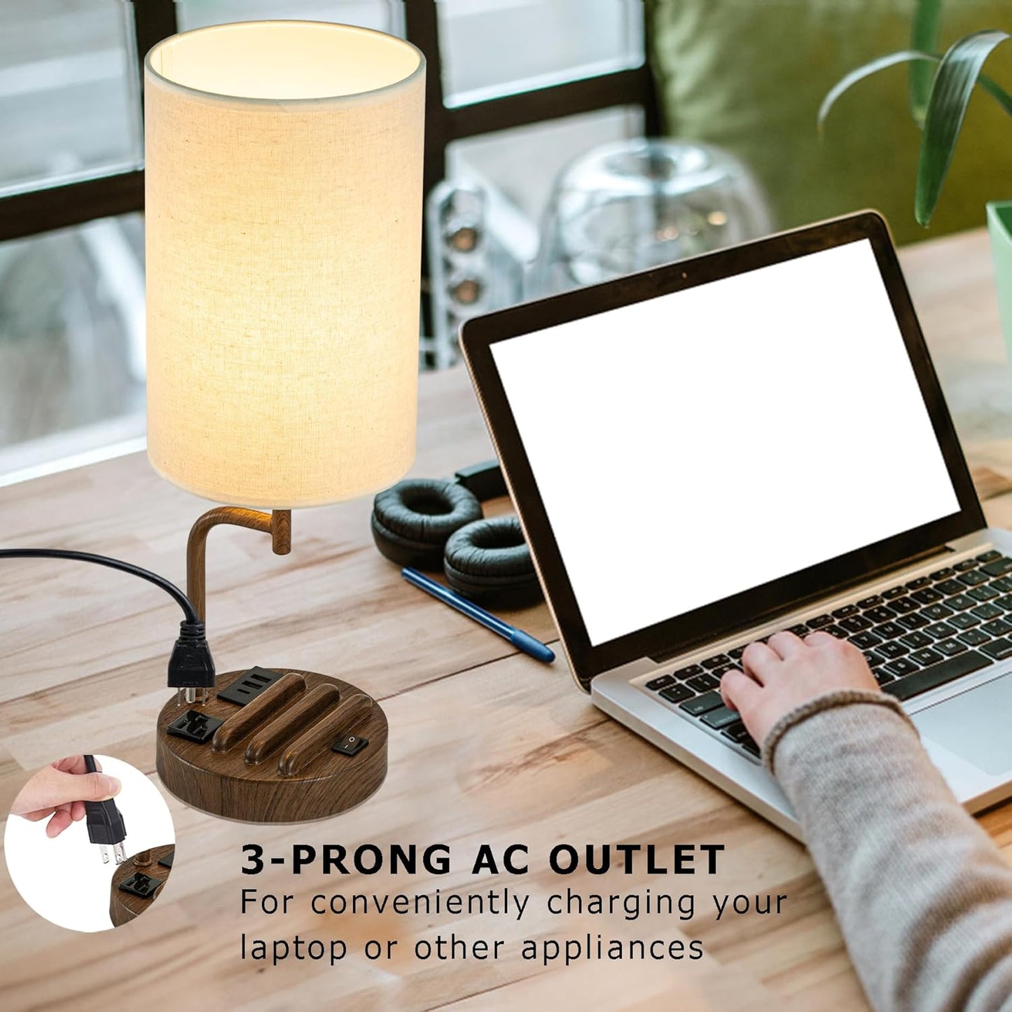 Modern Table Lamp with 3 USB Ports & AC Outlet - Set of 2 Bedside Desk Lamps in Silver