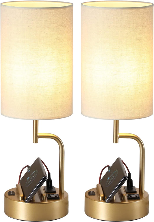 Modern Table Lamp with 3 USB Ports & AC Outlet - Set of 2 Bedside Desk Lamps in Silver