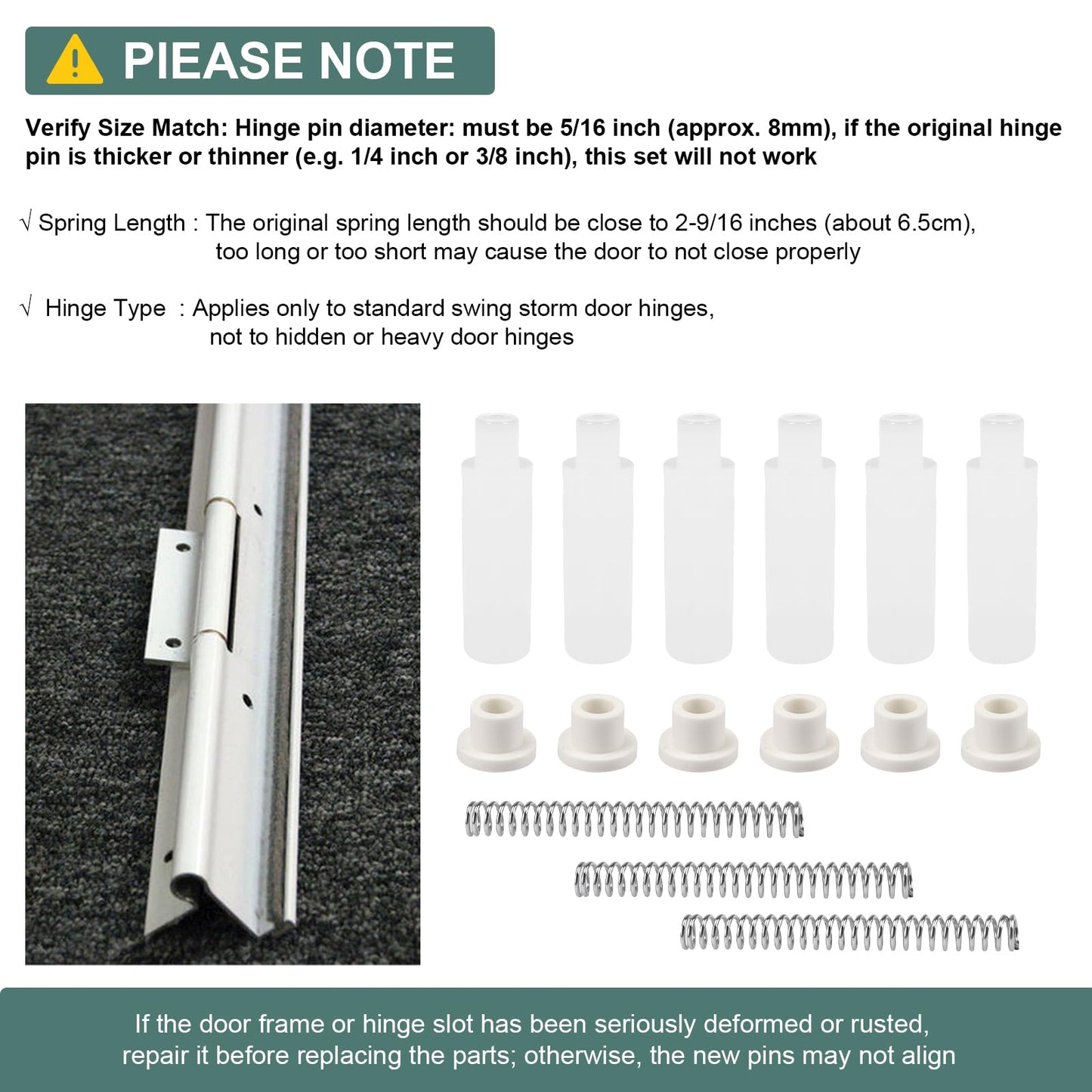 Storm Screen Door Hinge Pin Kit K 5131 Compatible with Prime-Line, Storm Door Repair Replacement Parts - 2-9/16 Inch Steel Springs, 5/16 Inch Nylon Pins and Bushings Fit for Emco/Andersen, 3 Sets