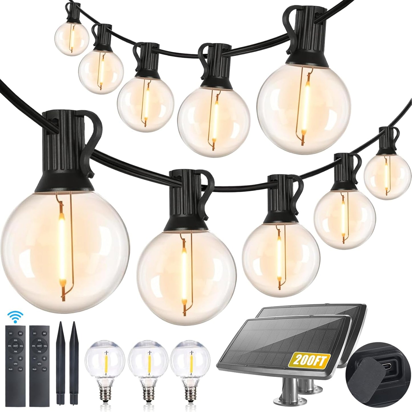 100FT Solar String Lights with Remote - Waterproof G40 LED Patio Lights for Outdoor Parties