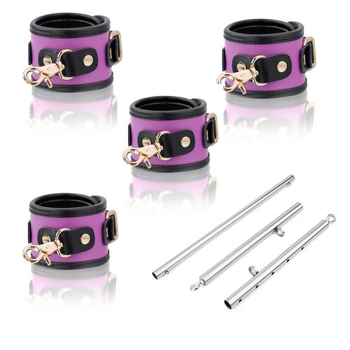 Spreader Bar Heavy Duty Stainless Steel Expandable Silver Bar Home Gym with 4pcs PU Purple Adjustable Strap,Sports Aid Training Fitness Gear Pilates Aid Kit,Yoga Set (Silver+Purple PU Kit)