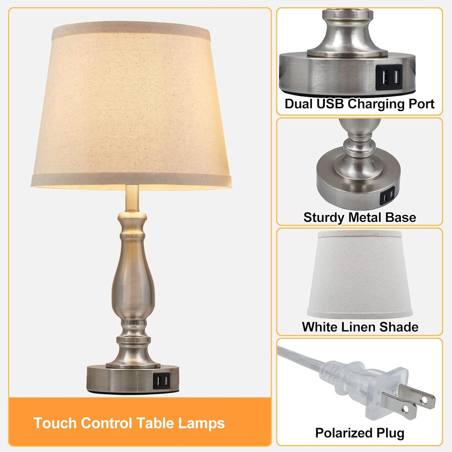 Touch Bedside Table Lamps Set of 2 with USB C+A Ports - 3-Way Dimmable Linen Shade