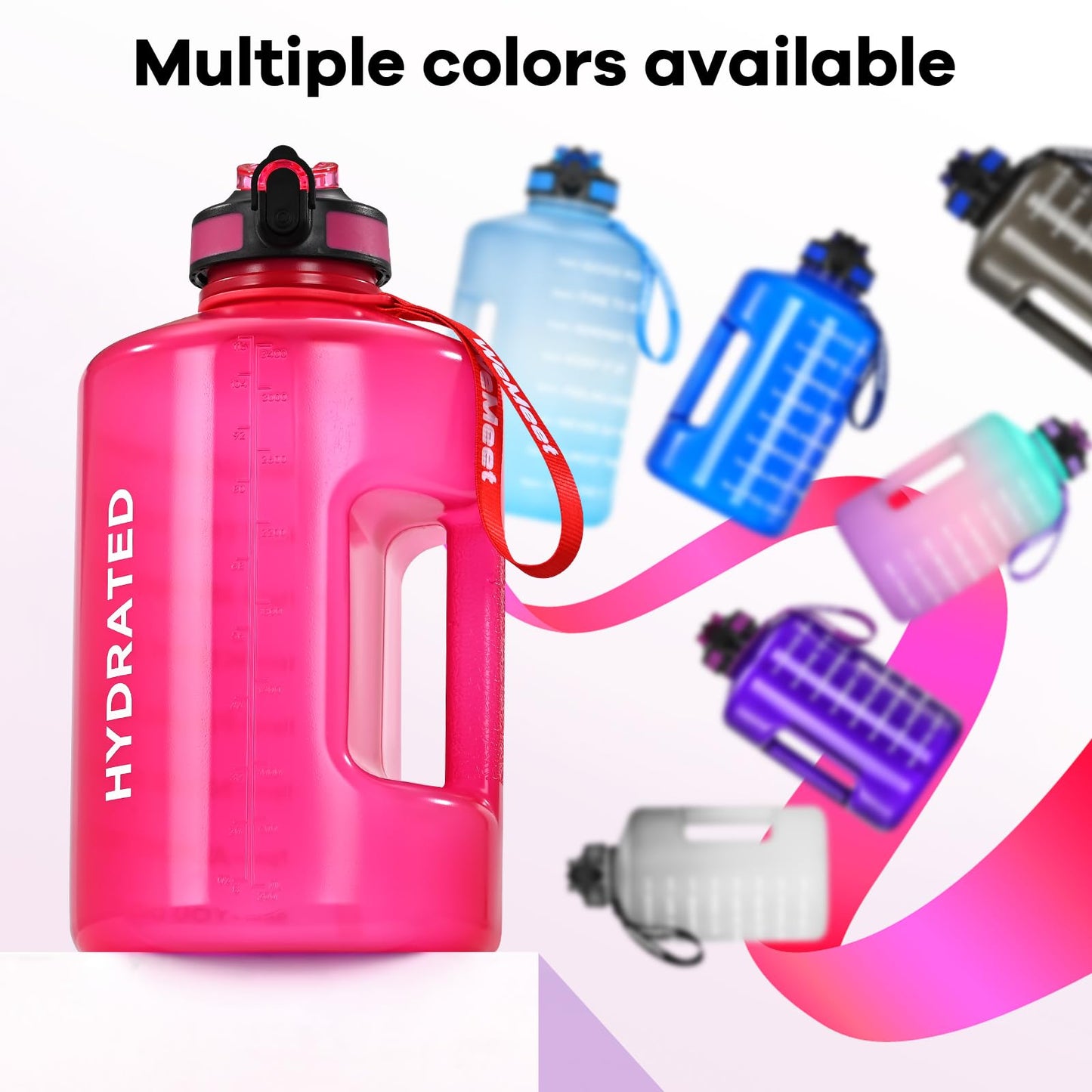 WEMEET Motivational Gallon Water Bottle, BPA Free, Large Sport Water Jug with Handle & Straw, for Fitness, Outdoor, Gym, Travel, Camping, Office (Pink)