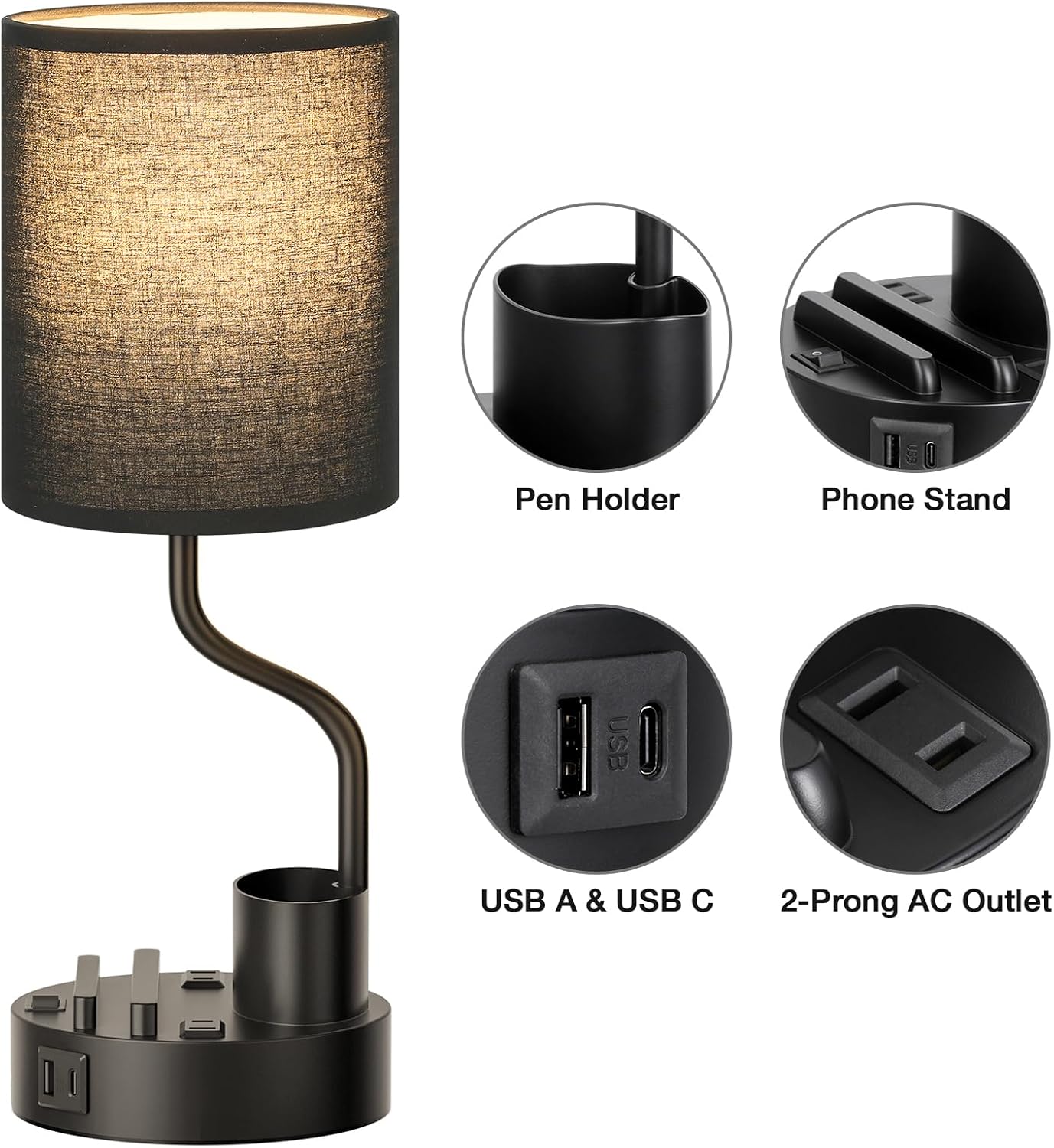 Set of 2 Bedside Table Lamps with USB & AC Outlet - 3 Color Temperatures, Desk Light & Phone Stand for Bedroom, Living Room, Office