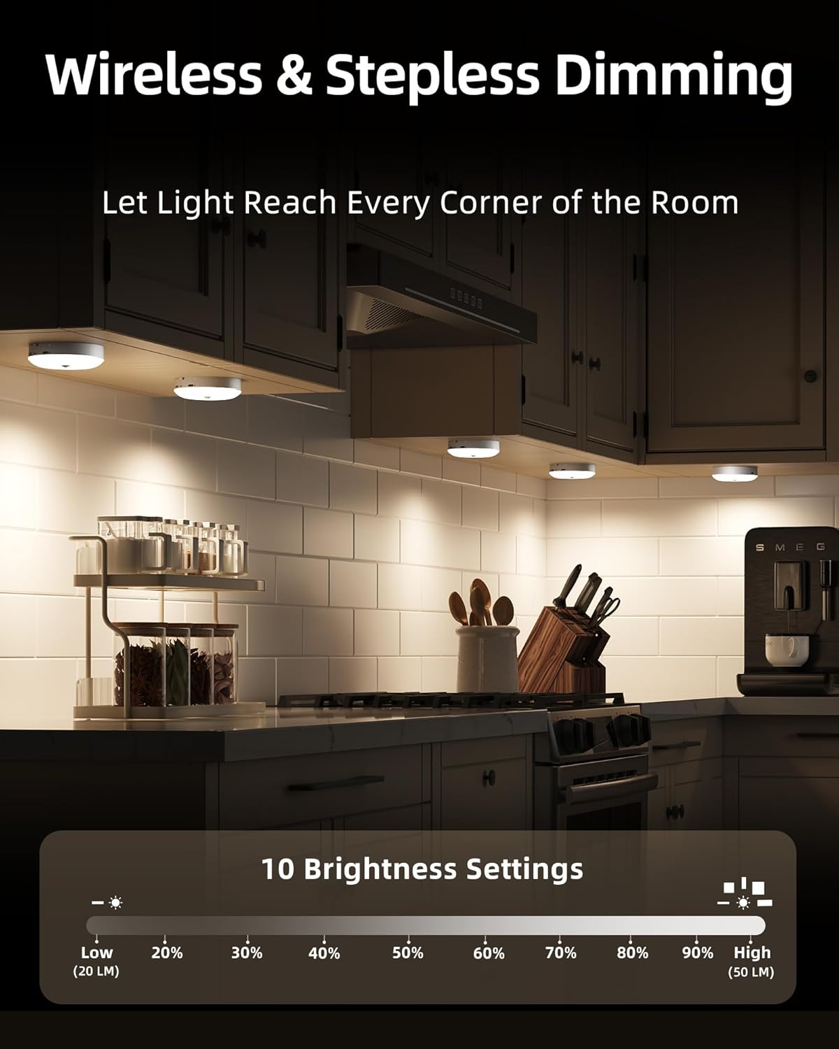 Rechargeable Under Cabinet Puck Lights with Remote - Dimmable RGB & 3 Color Temps (6 Pack)