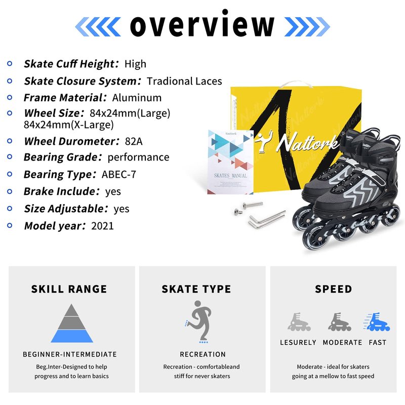 Nattork Adjustable Blades Roller Skates for Adults Women and Men,Outdoor & Indoor Black Inline Skates for Kids,Boys,Beginners, Men Size 9 10 11 11.5