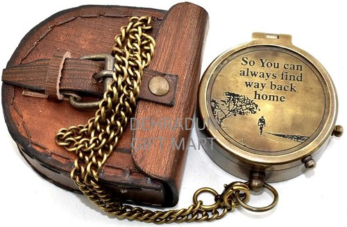 So You Can Always Find Your Way Back Home” Vintage Style Brass Engraved Compass with Leather Case and Chain | Inspirational Nautical Pocket Compass for Hiking Camping