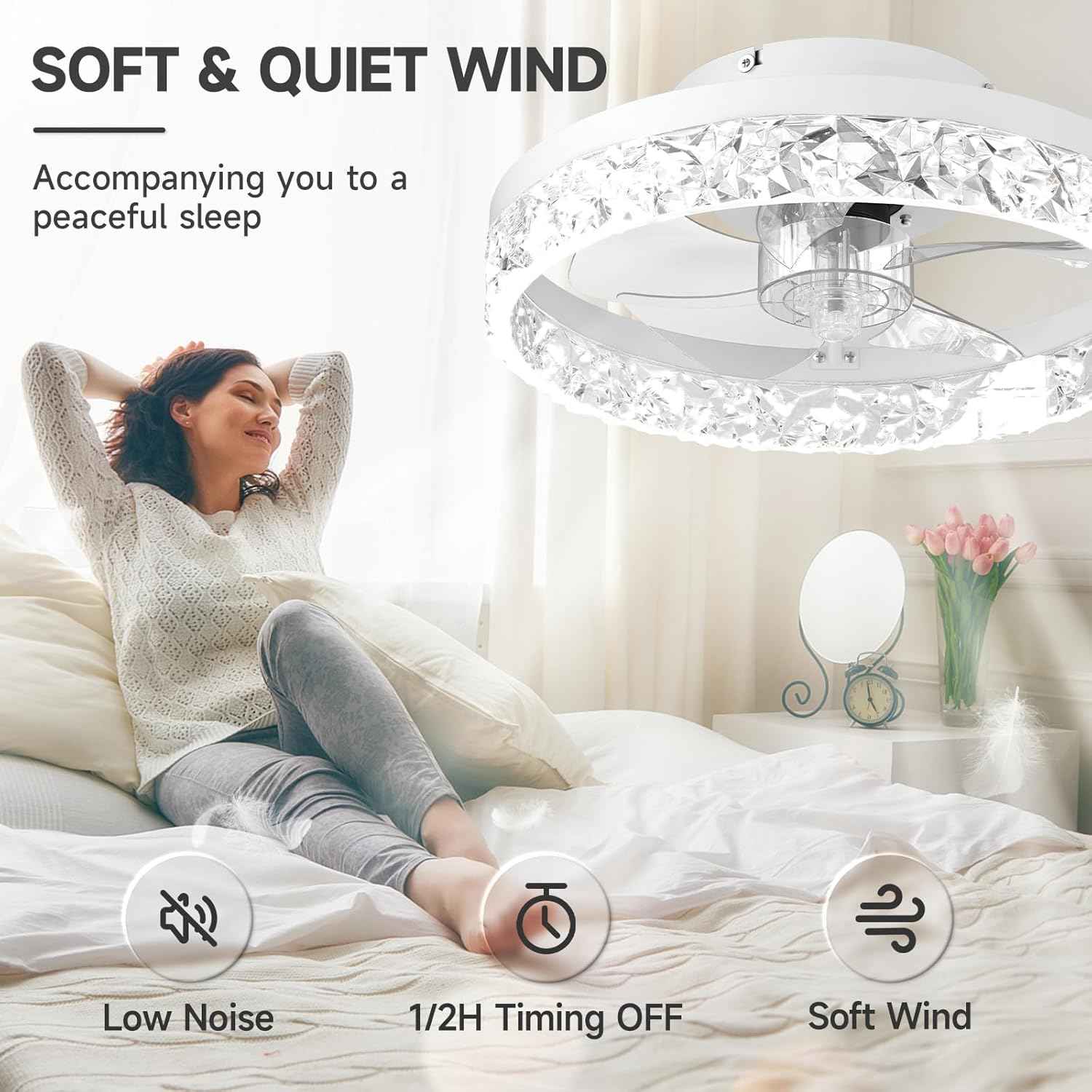Modern Bladeless Ceiling Fan with Light & Remote - 15.7in Low Profile Fandelier, Dimmable 3000K-6500K for Bedroom