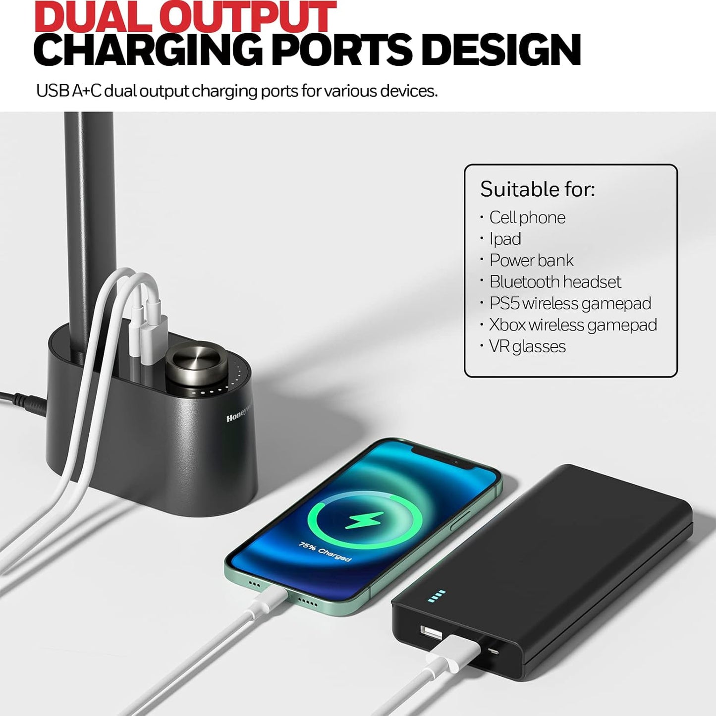 Honeywell H01 Pro LED Desk Lamp - Dimmable Foldable Light with USB Charging & 3 Color Modes for Home Office