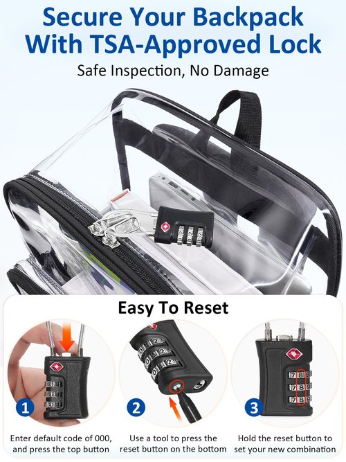 Flowston Extra Large Clear Backpack with TSA Lock, Heavy Duty Transparent See Through Clear Bookbag for College, Work, Travel, Casual Sport, Black