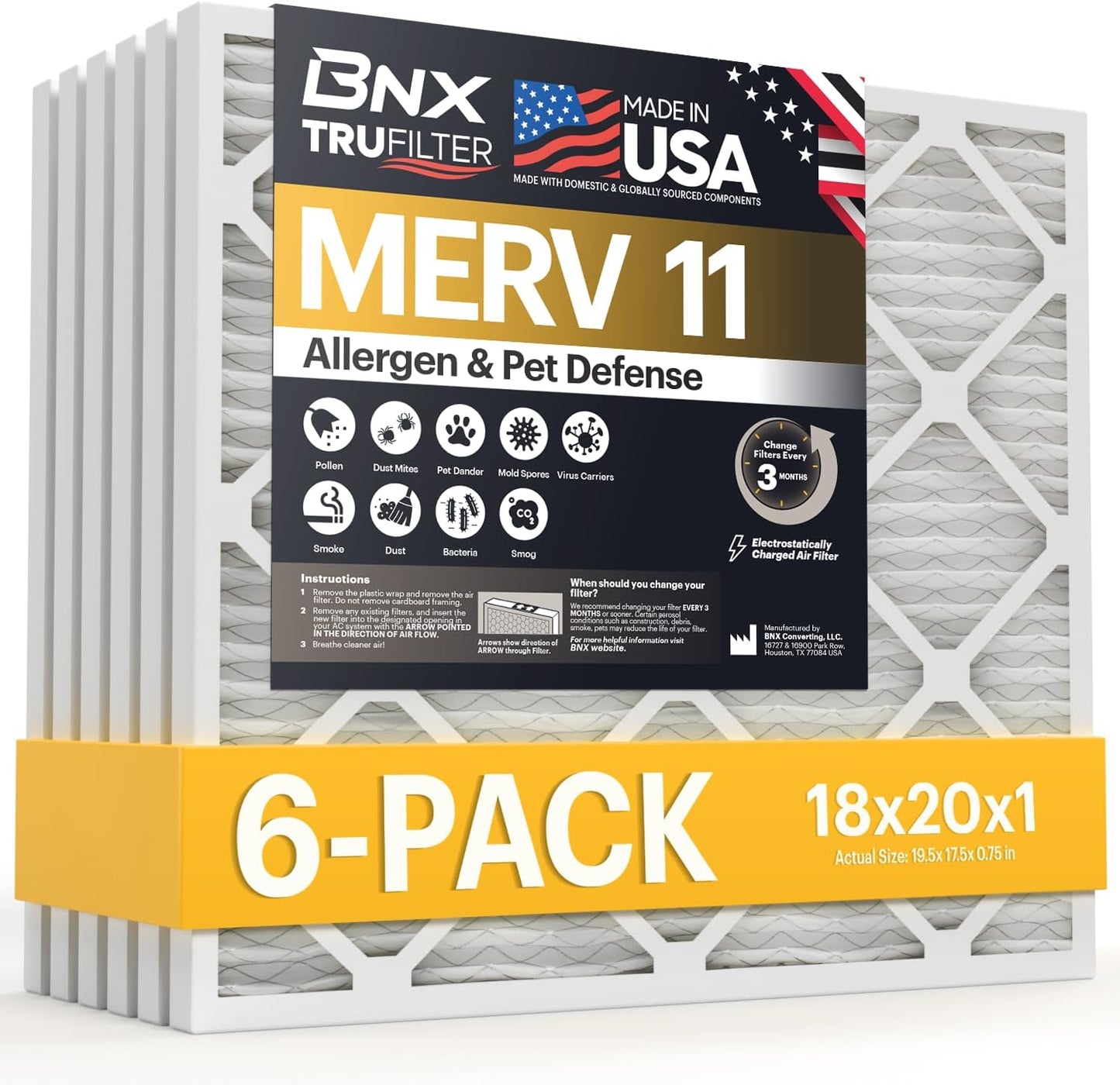 BNX TruFilter 12x12x1 MERV 8 Air Filters (6-Pack) - USA-Made Dust & Pet Defense for HVAC