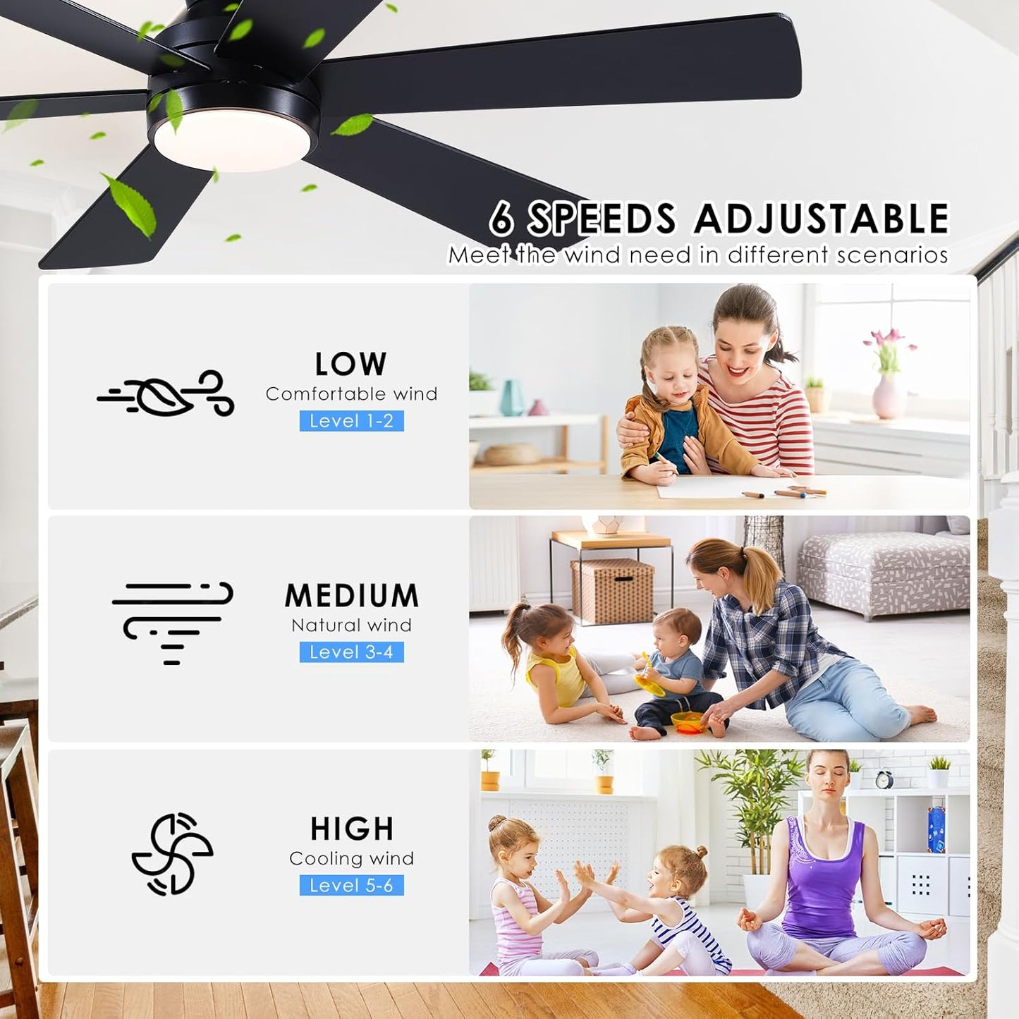 46” Black Low Profile Ceiling Fan with Lights & Remote Control - Dimmable, Noiseless, Reversible for Bedroom