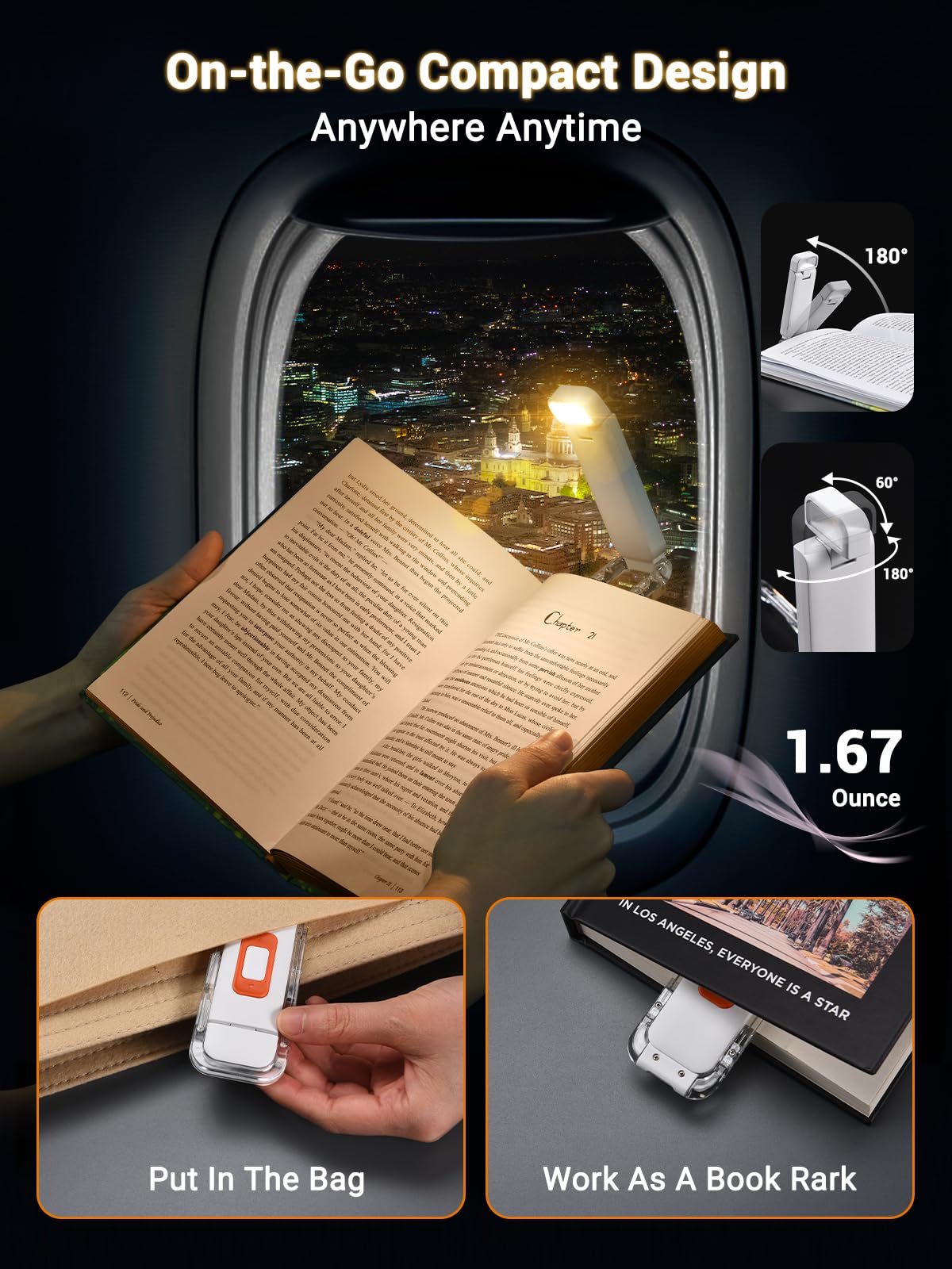 SFV Portable Book Light, Clip-On Rechargeable LED Reading Light for Books in Bed, 3 Amber Colors & 5 Brightness Adjustable, Compact & Long Lasting, Perfect for Book Lovers, Kids, White
