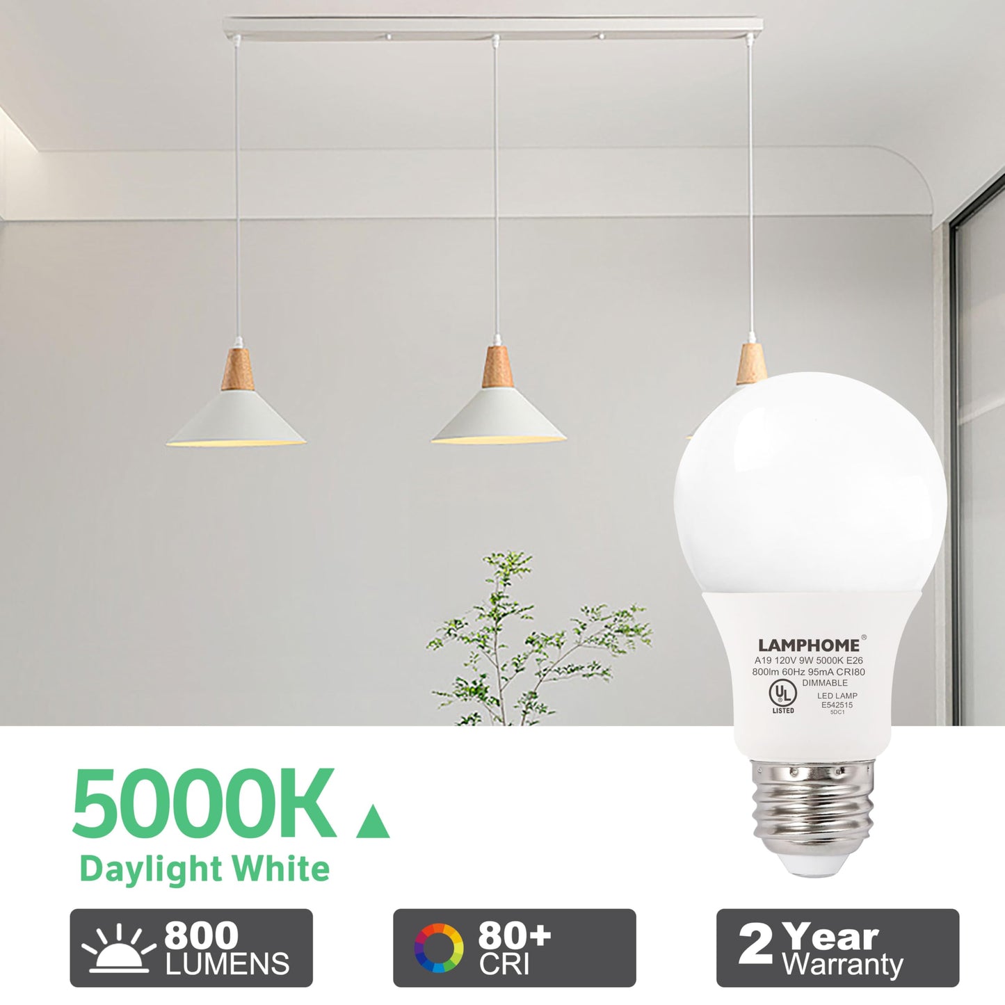 LAMPHOME 4-Pack Daylight White LED Bulbs - Brighten Your Bedroom & Living Room, 60W Equivalent, 5000K, 9W, 15000-Hour Life, E26 Base