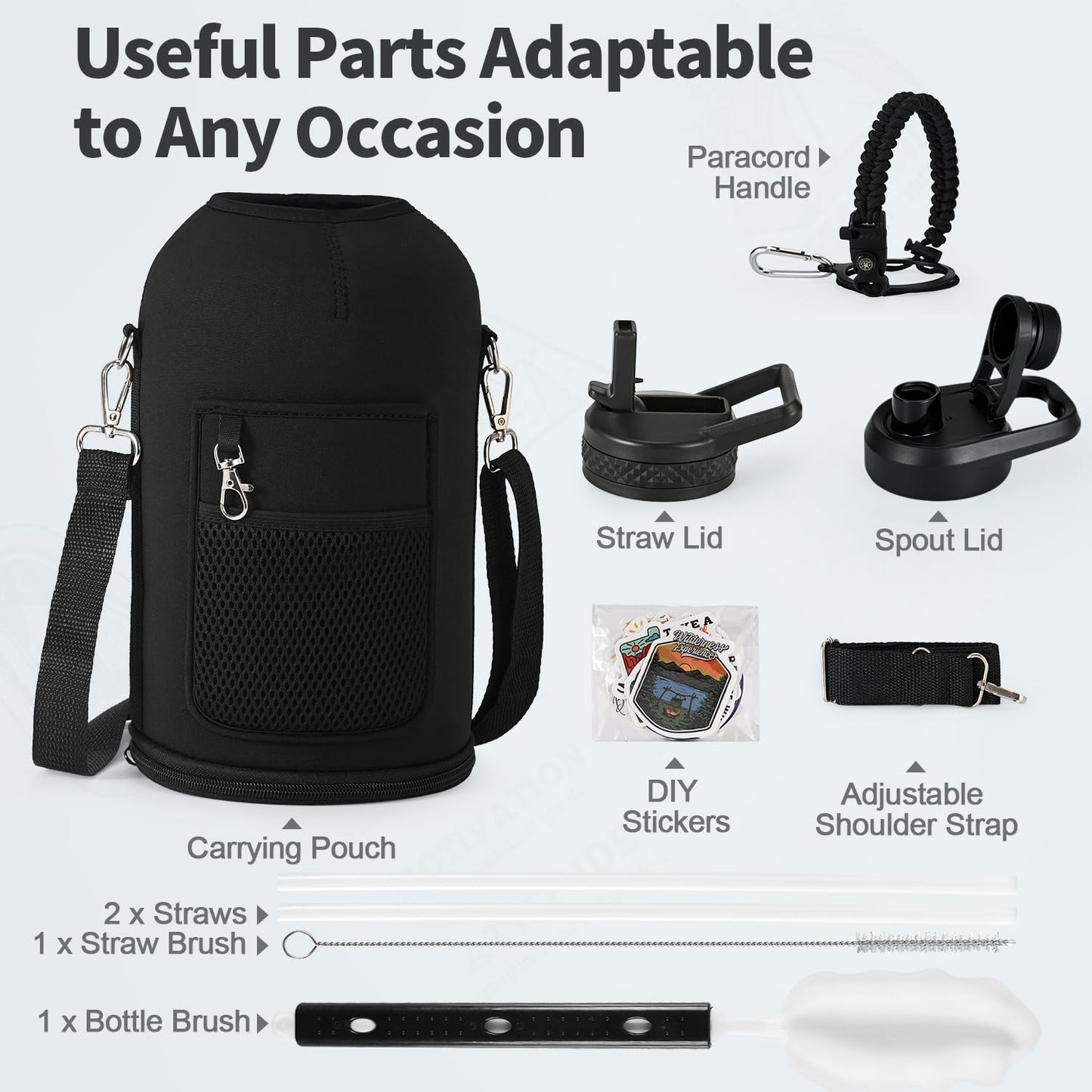 WixByti One Gallon Water Bottle Insulated, Triple Wall Vacuum Cold for 48 Hrs & Leak-proof & Non-BPA, 128oz Large Sports Stainless Steel Water Jug with Paracord Handle Straw Spout Lids & DIY Stickers