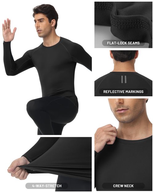 Poekuao Men's UPF 50+ Compression Shirts Long Sleeve Cool Dry Workout Undershirts High Elastic Athletic Base Layer for Sports Running Gym Black M
