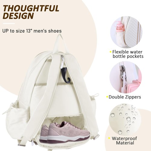 Lufstd Tennis Bags for Women with Ventilated Shoe Compartment, Quilted Tennis Sling Crossbody Backpack with Hook, Water Resistant Tennis Racket Bags Suitable for Pickleball Badminton