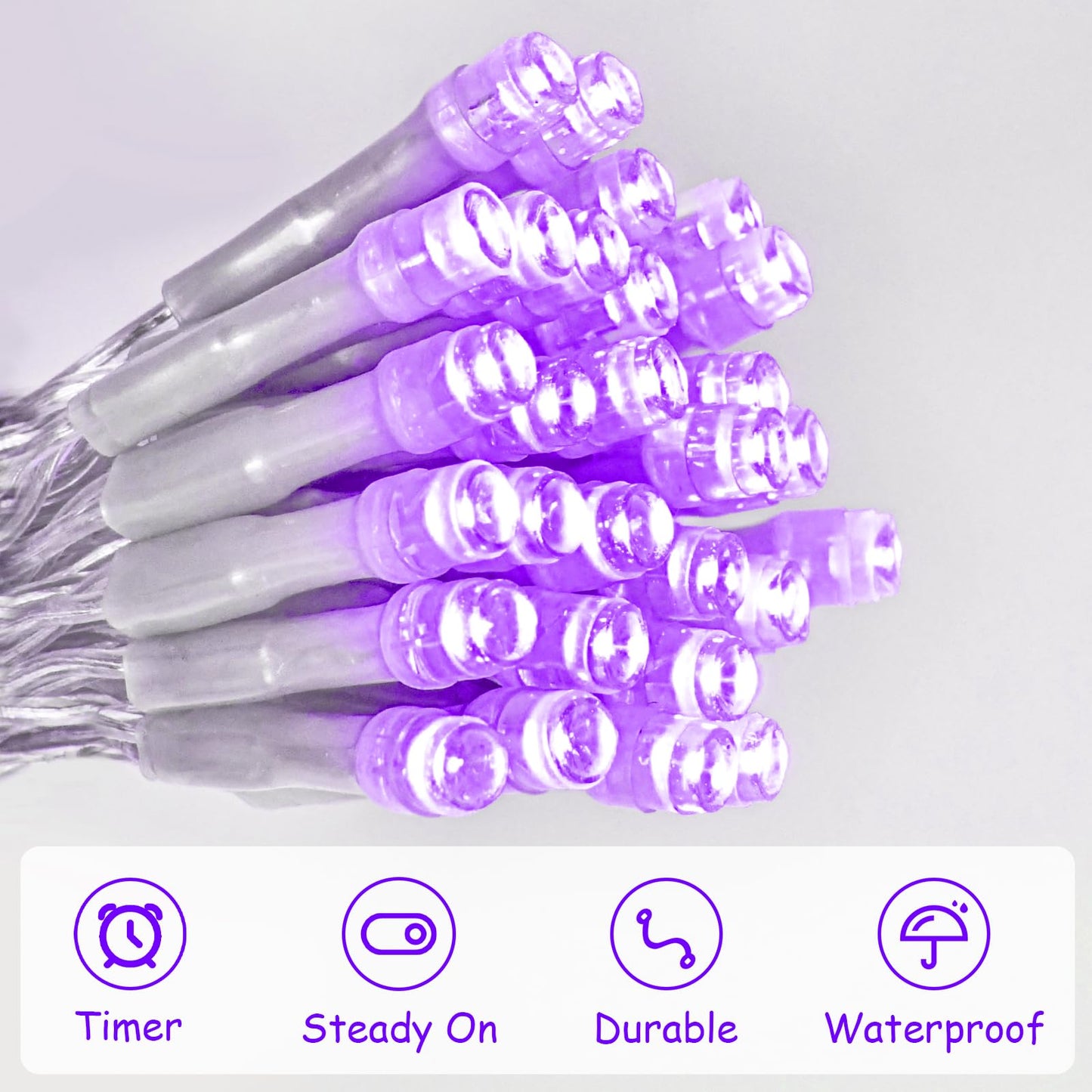 cshare String Lights Outdoor Waterproof 9.8ft 30 LED, Purple Fairy Lights Battery Operated with Timer Clear Wire for Indoor & Outdoor Christmas Halloween Decorations Garland Party Garden 2 Packs