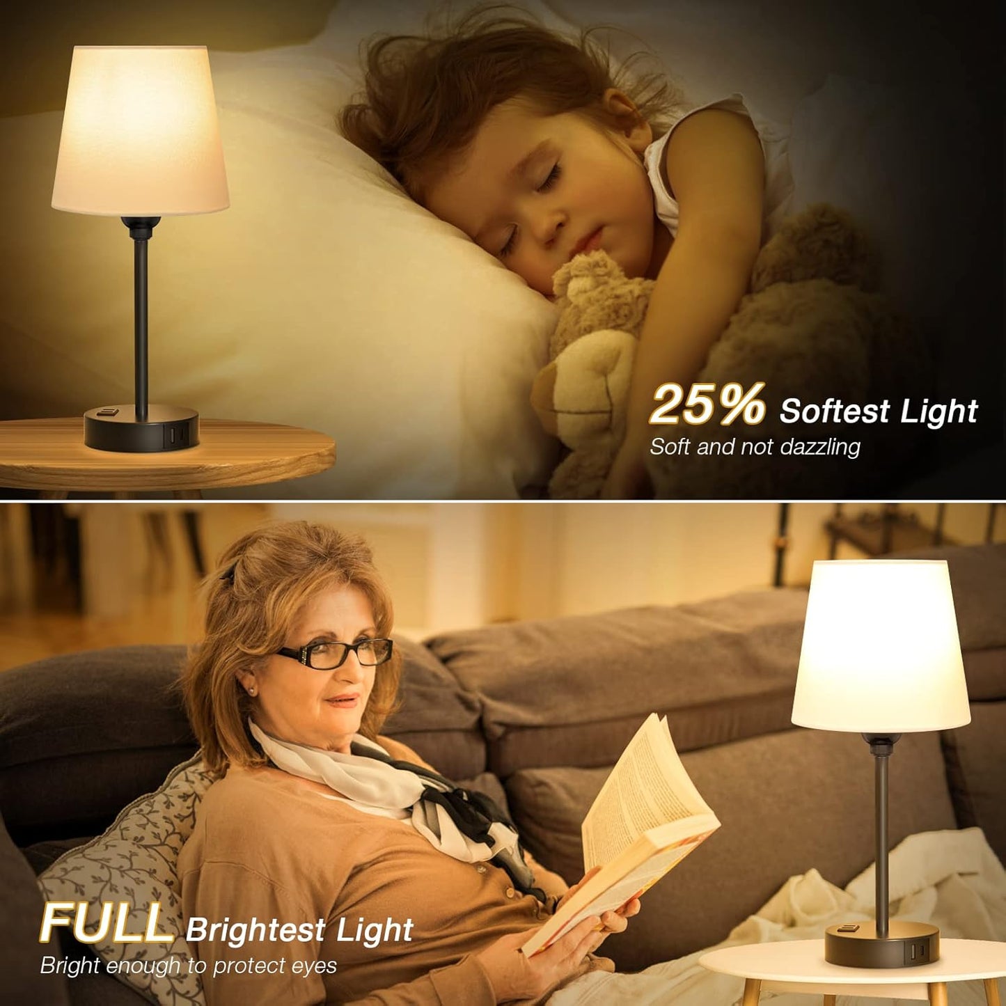 Set of 2 Mini Bedside Lamps with USB-C & AC Outlet - Dimmable Touch Nightstand Lights for Bedrooms