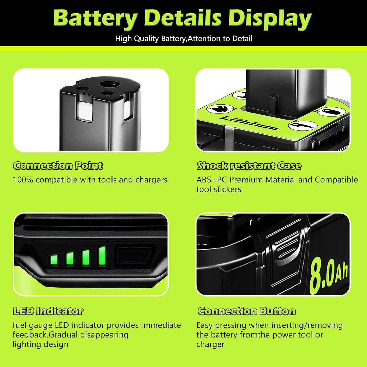 Ryobi 18V ONE+ Replacement Battery 8.0Ah - Compatible with P108 P102 P103 P105 P107 P189, 2 Pack