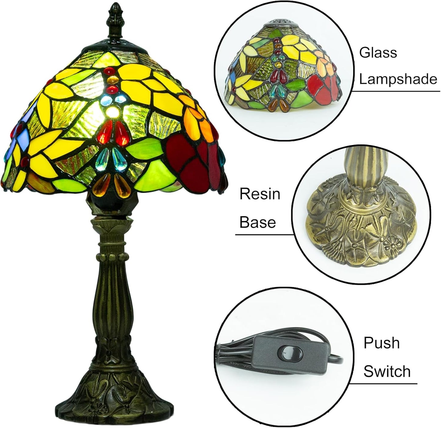 Tiffany Table Lamp - 8 Inch Antique Stained Glass, 3 Color Temperatures, Handcrafted for Bedroom & Living Room