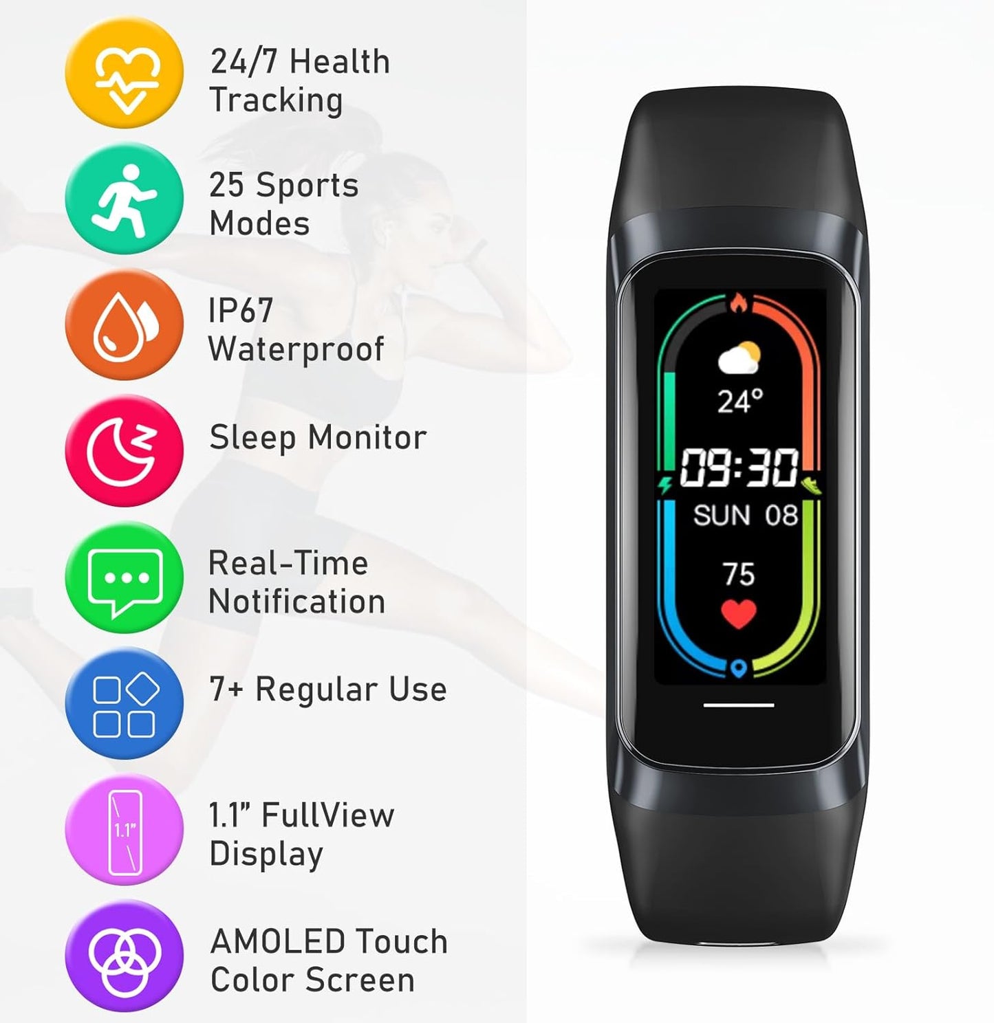 Skiennix Fitness Tracker - 24/7 Heart Rate & Blood Pressure Monitor | 1.1" AMOLED Screen, Waterproof, Activity Tracker for Men & Women
