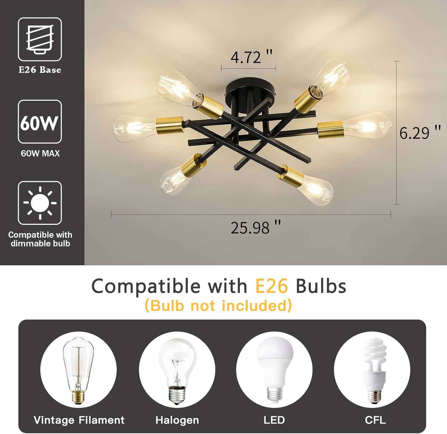 Gold Modern 6-Light Semi Flush Mount Ceiling Light Fixture - Vintage Sputnik Chandelier for Kitchen, Dining & Living Room