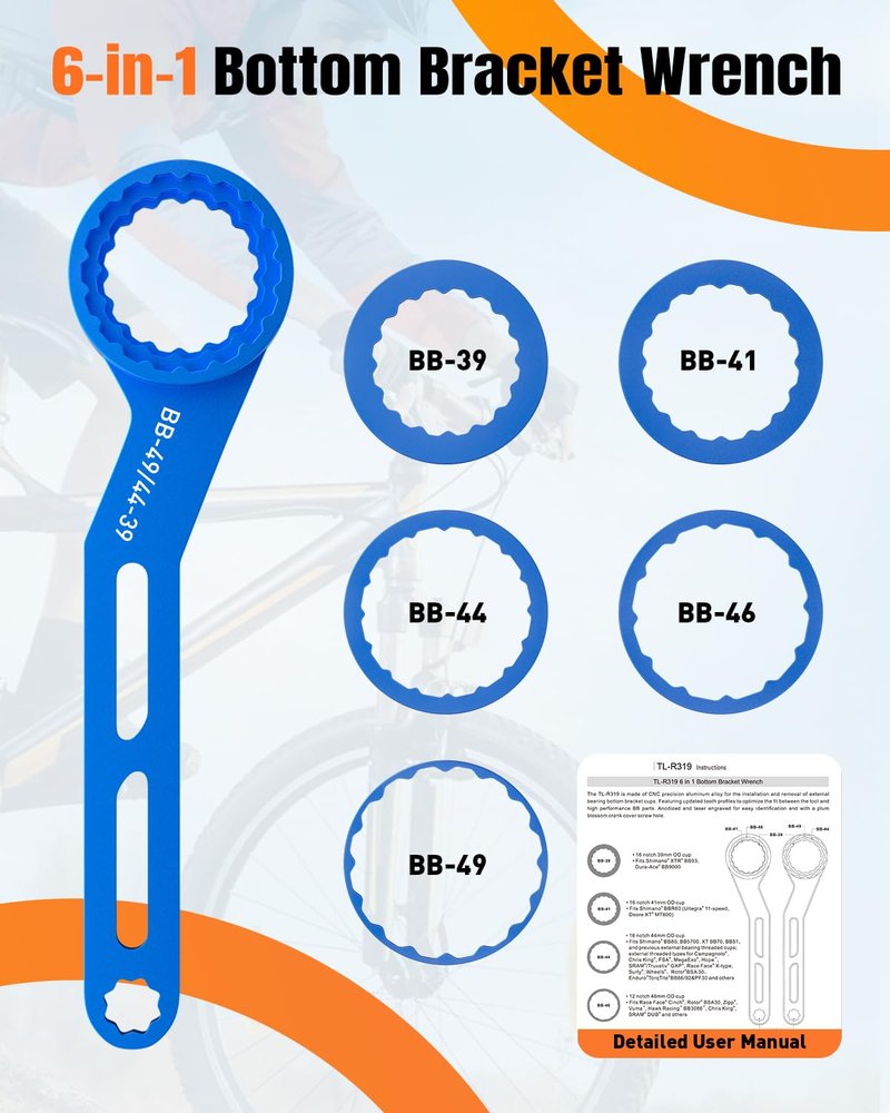 Pawfly 6-in-1 Bike Bottom Bracket Tool for 12/16-Notch 39/41/44/46/49mm External Cups, Bicycle Bottom Bracket Removal Tool with Bike Crank Removal Tool & Bike Crank Cap, Bike Bottom Bracket Wrench