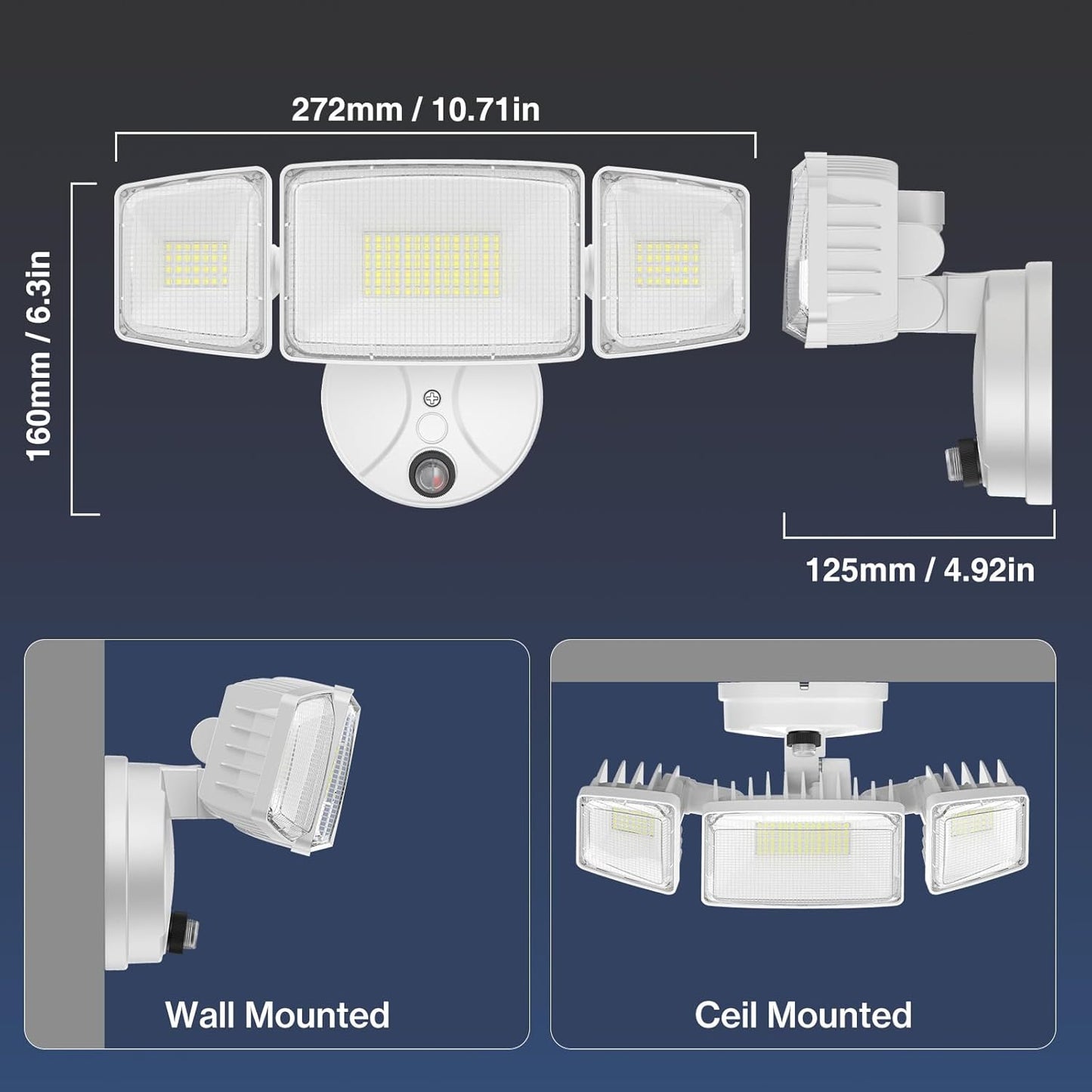 100W Dusk to Dawn LED Outdoor Flood Light - 11000LM Waterproof Security Light with 3 Heads Photocell for Garage & Yard