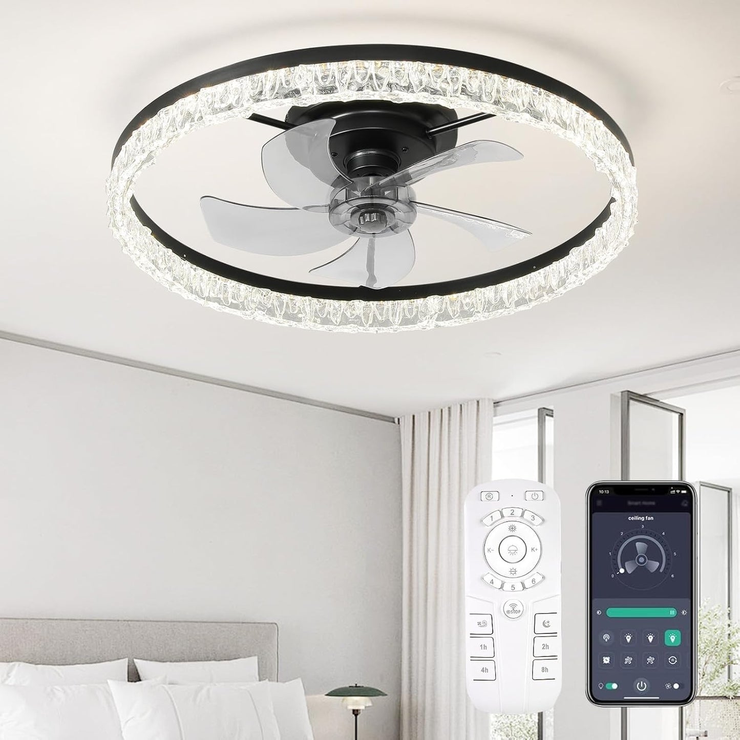 Flush Mount Ceiling Fan with Lights & Remote - 6 Speed Low Profile for Bedroom & Small Rooms