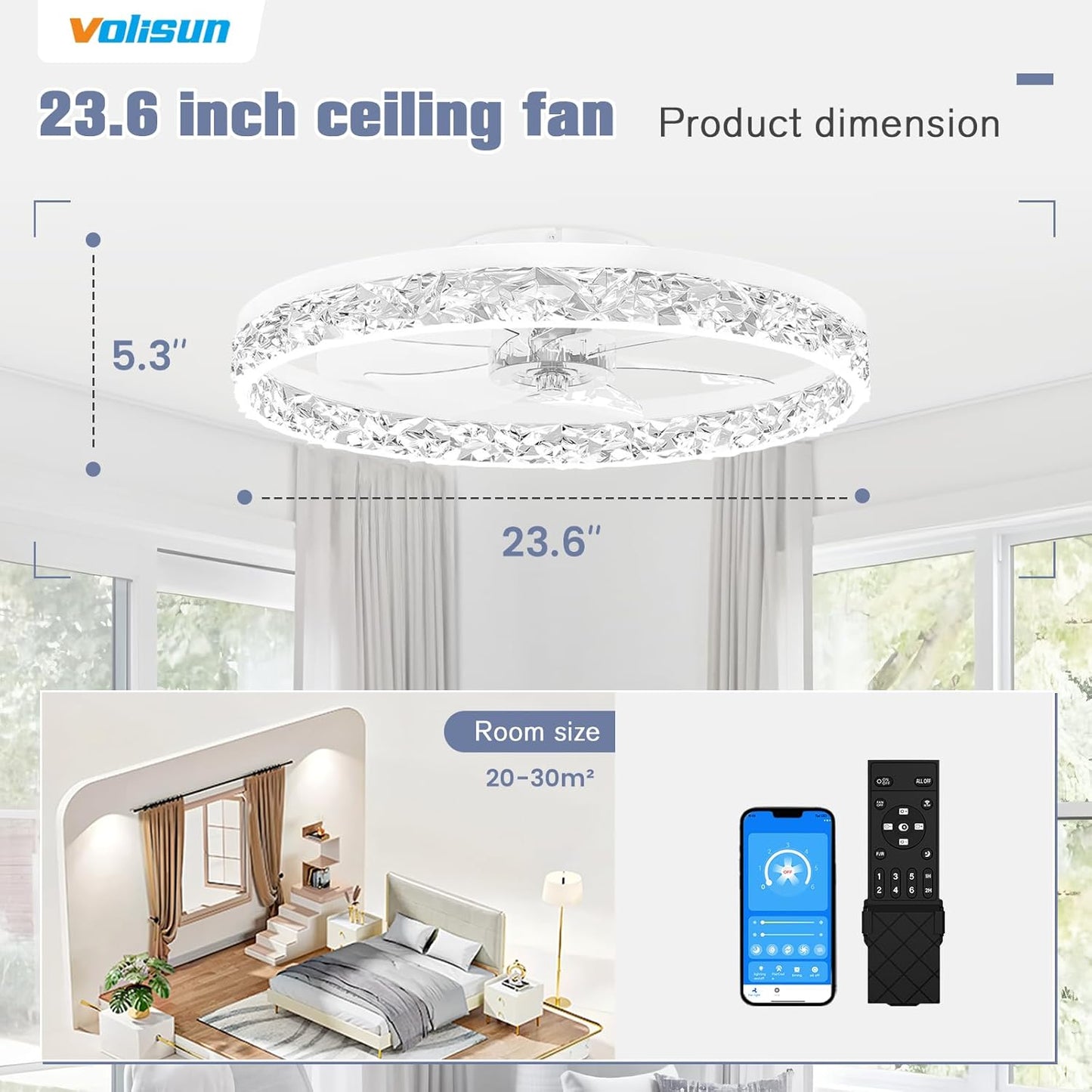 Modern Bladeless Ceiling Fan with Light & Remote - 15.7in Low Profile Fandelier, Dimmable 3000K-6500K for Bedroom