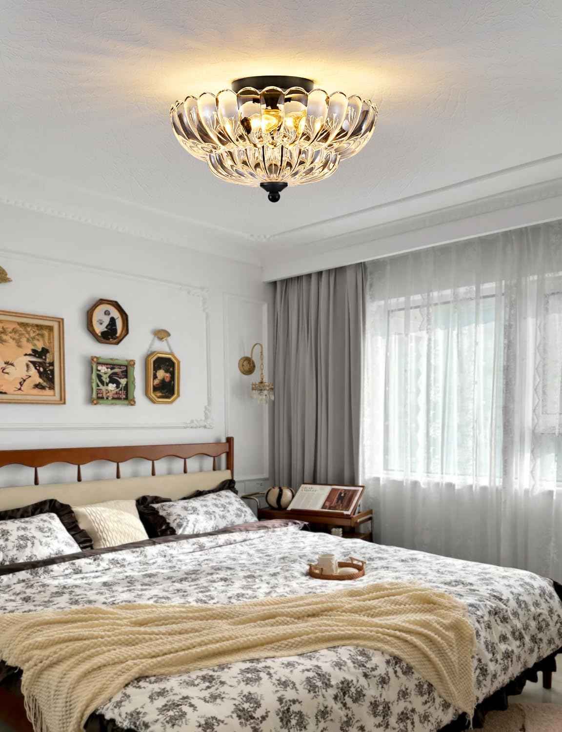 Modern 3-Bulb Semi Flush Mount Ceiling Light Fixture - Vintage Amber Glass for Bedroom, Kitchen, Living Room
