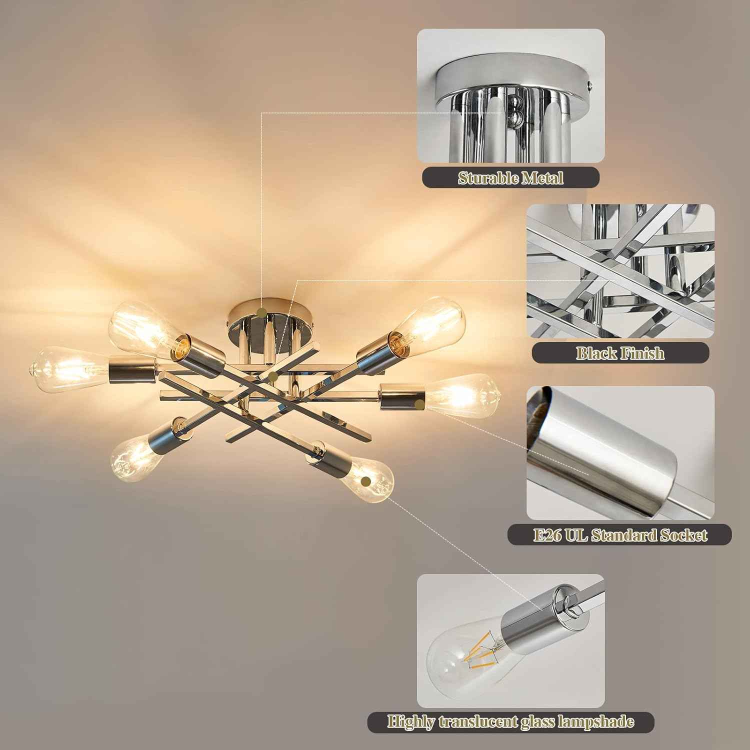 Gold Modern 6-Light Semi Flush Mount Ceiling Light Fixture - Vintage Sputnik Chandelier for Kitchen, Dining & Living Room