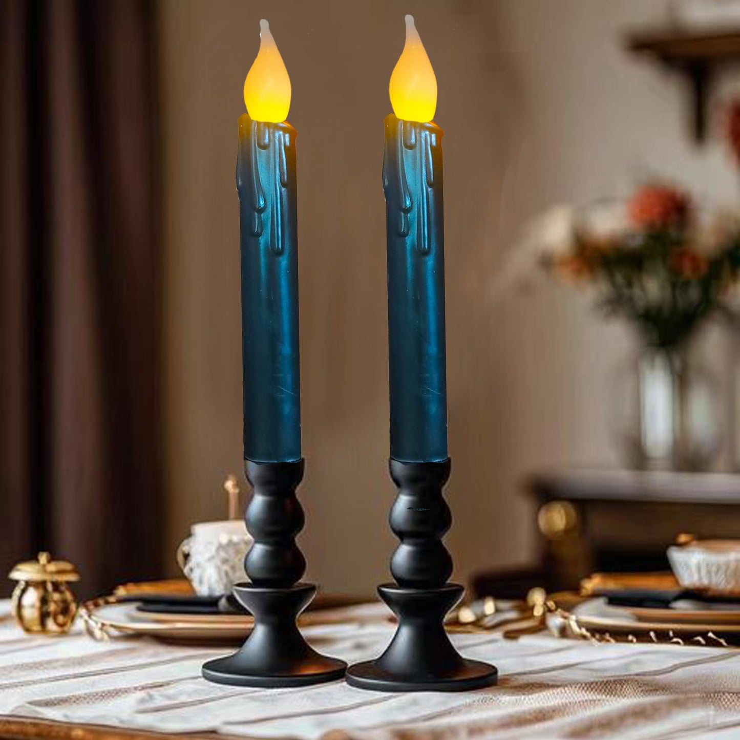 LINCOUNTRY.Primitive Wax Black Flameless Taper Candles Flickering Led Dripped Battery Operated Taper Candles with Timer,6.75 Inch 3D Wick, Christmas Home Halloween Fireplace Decor