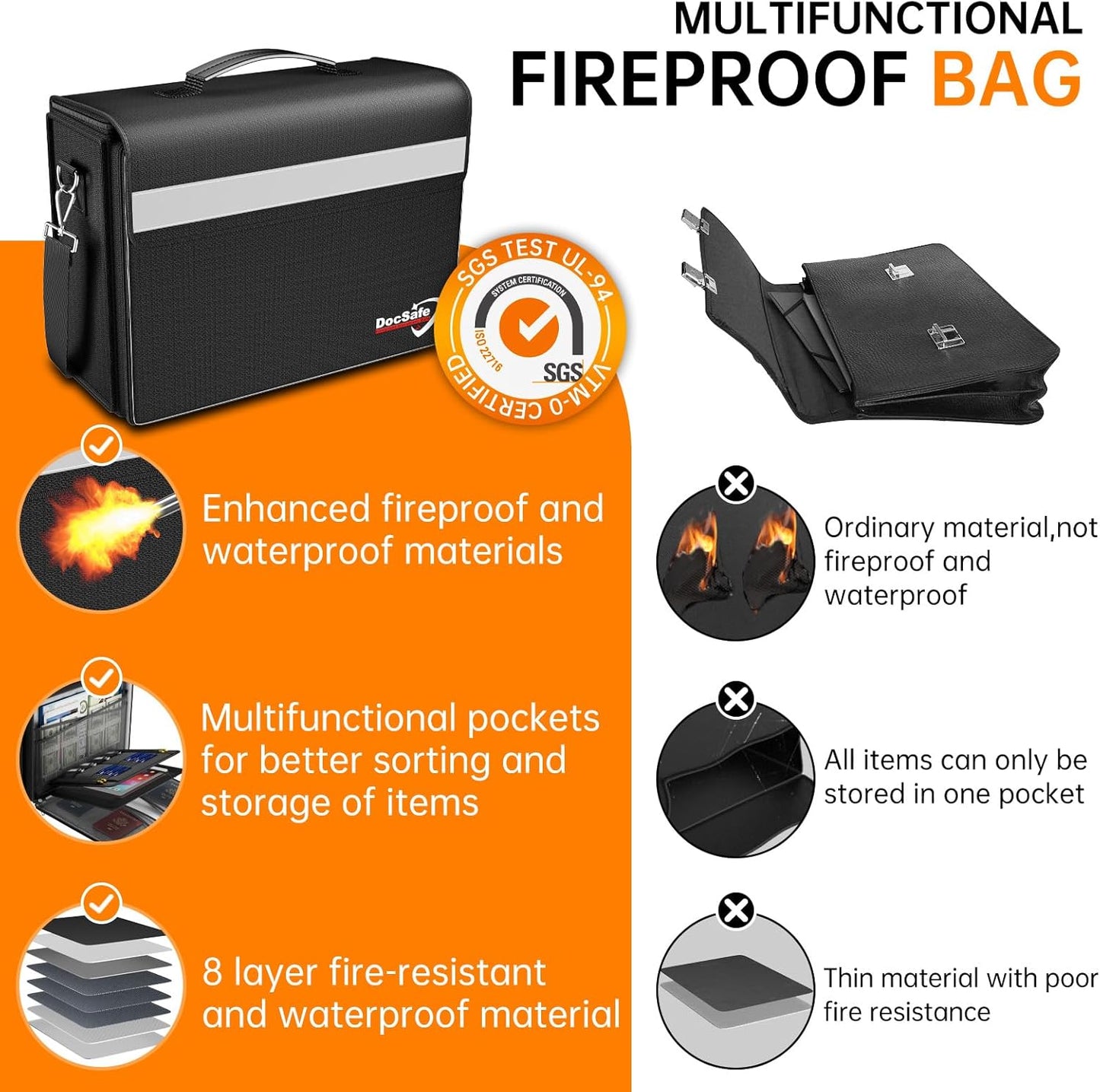 Fireproof Document Bag - Large 17”x12.5”x7.2” Waterproof Organizer with Multiple Pockets for Home & Office