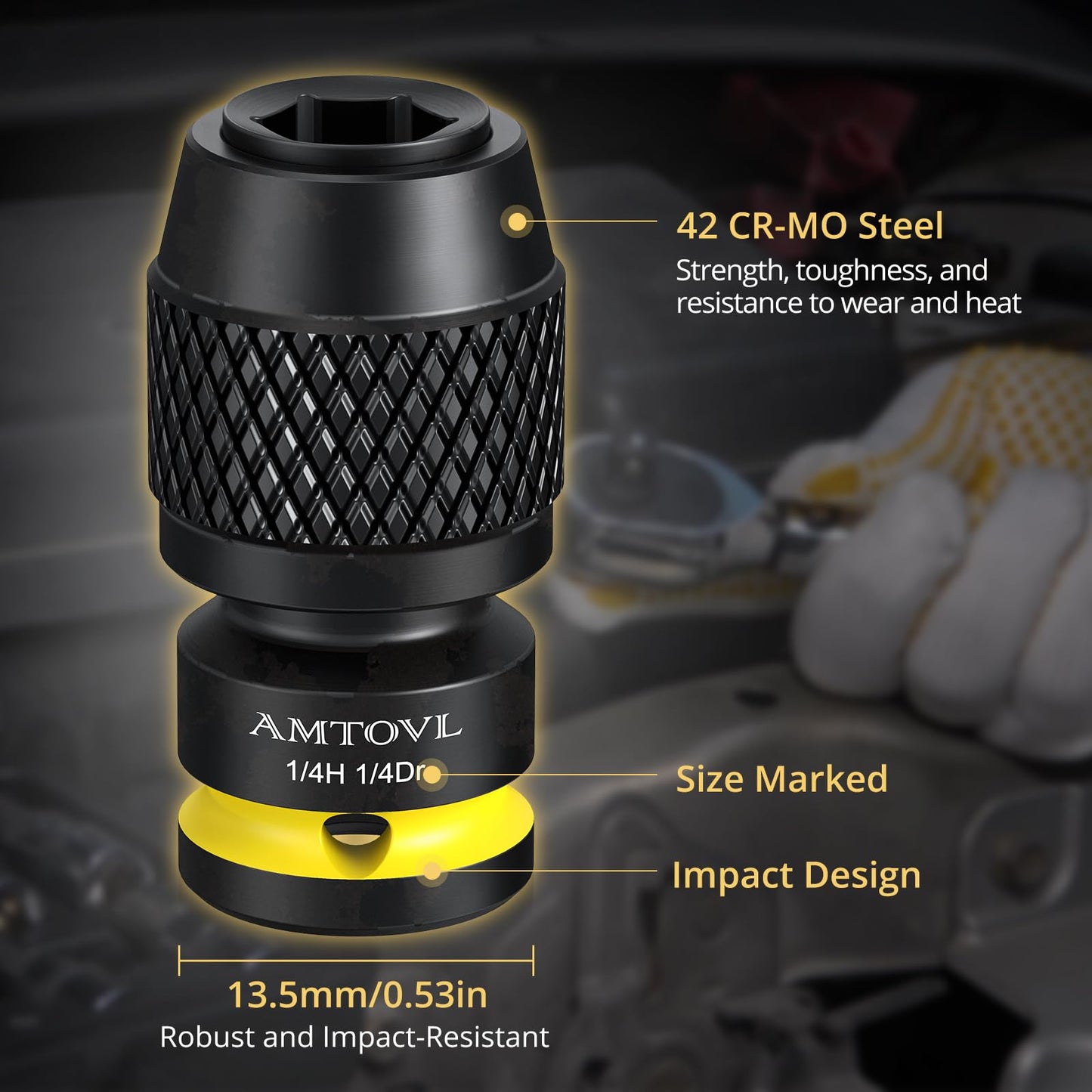 AMTOVL Impact to 1/4 Hex Converter - 1/2 INCH Drive Female to 1/4-Inch Allen Adapter, Universal Joint Quick-Change Chuck, 1/4“, 3/8” Drive to 1/4-inch (1/4-inch Drive to 1/4-inch Hex)