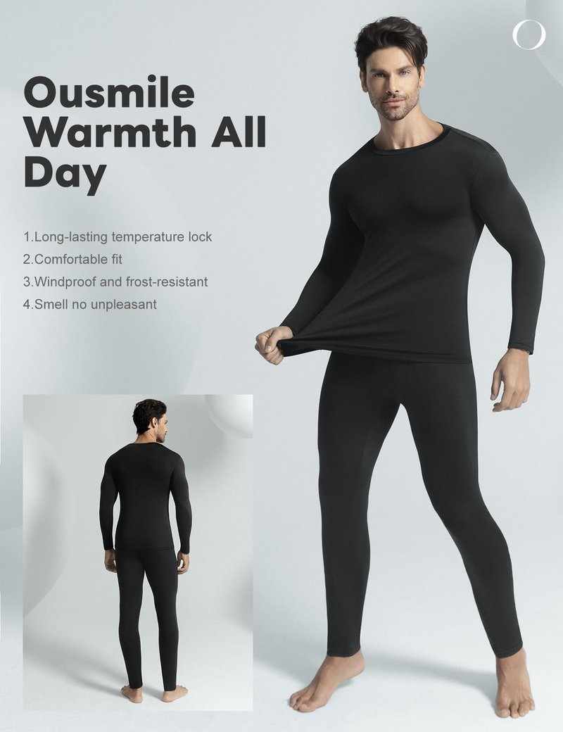 Ousmile Thermal Underwear for Men Long Johns with Fleece Lined Base Layer Set for Cold Weather Top Bottom Black, Medium