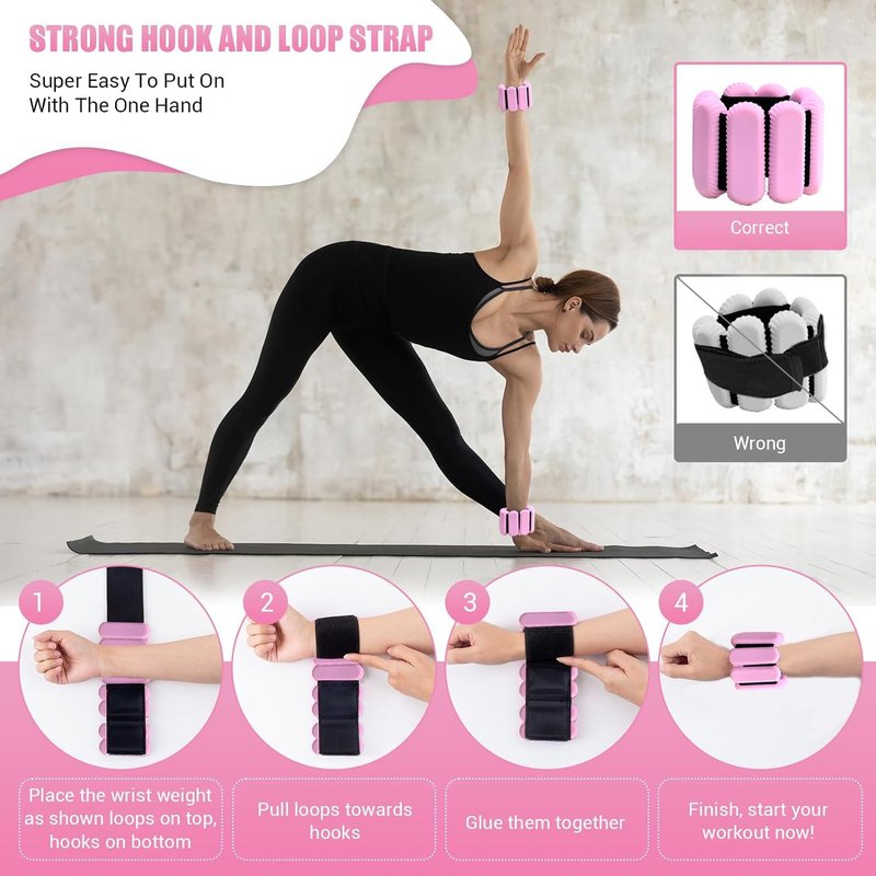 Pilates Wrist & Ankle Weights for Women, Wearable Strong Arm & Leg Weights Set of 2(1Lbs Each), Adjustable Ankle Weights for Walking, Yoga, Dance, Barre,Gym (Pink, 1lbs x2)