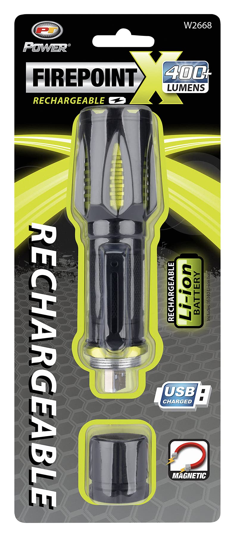 Performance Tool W2668 418 lumens Firepoint X USB Flashlight, Super Bright Seoul LEDs, tactical aluminum housing and magnetic base