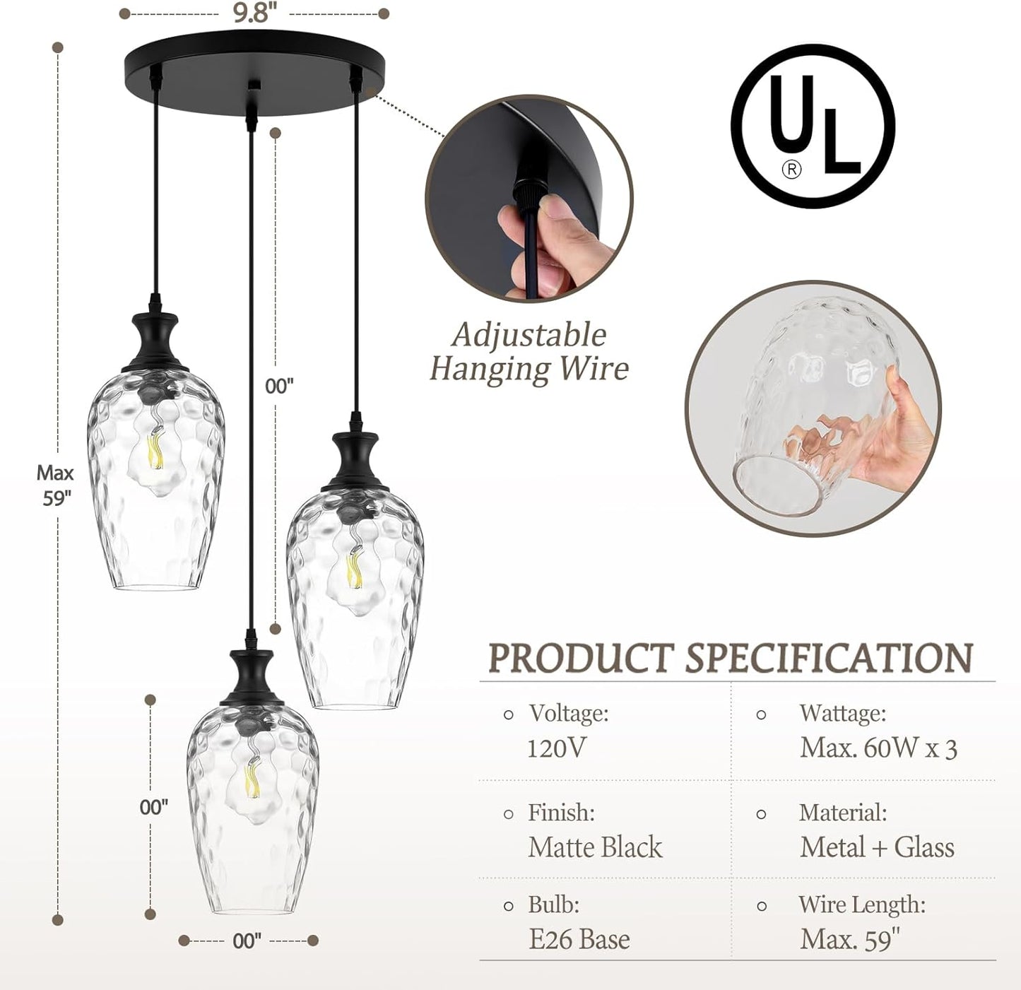 Brushed Nickel Glass Pendant Light Fixture - Modern 1-Light Hanging Lamp for Kitchen Island & Dining Room
