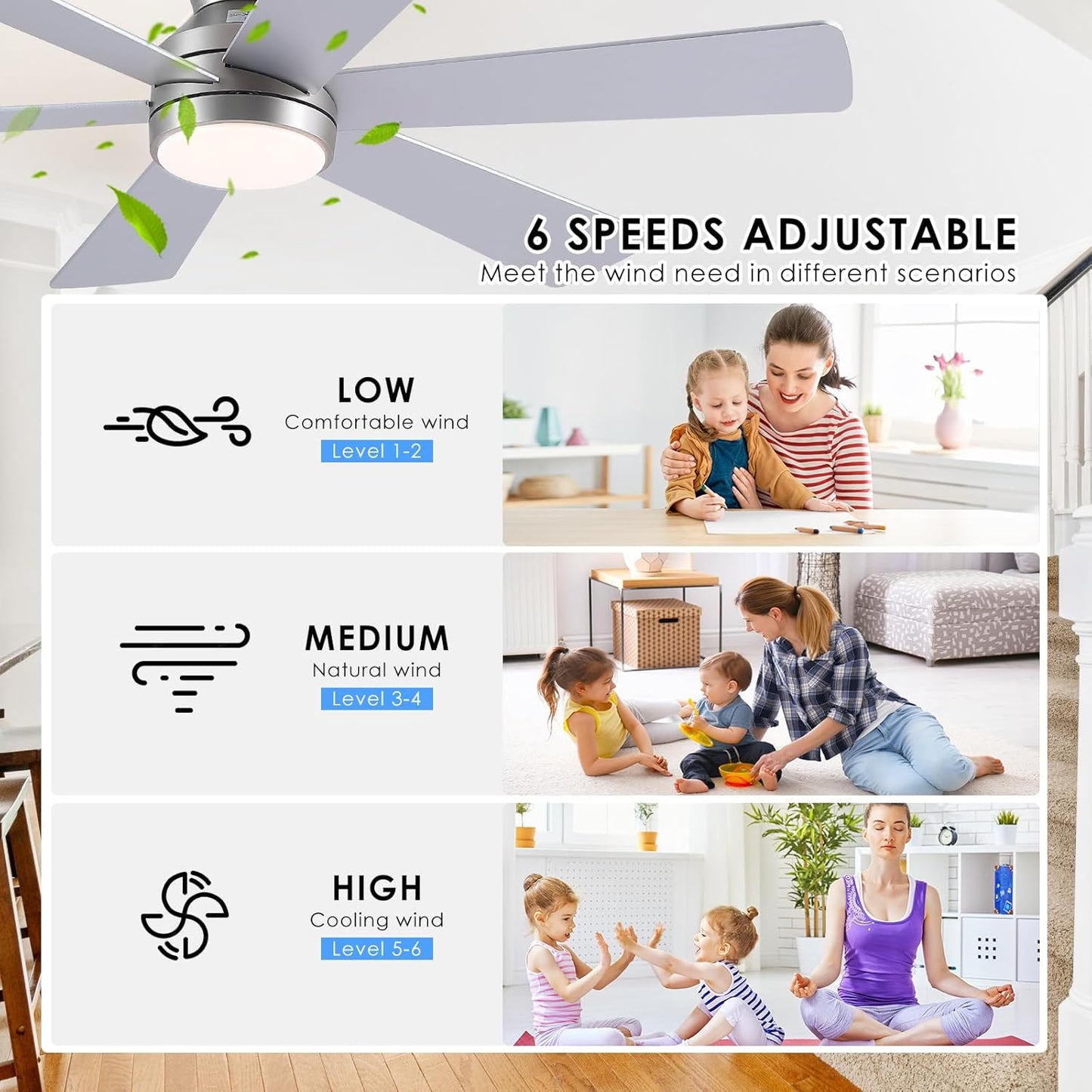 46” Black Low Profile Ceiling Fan with Lights & Remote Control - Dimmable, Noiseless, Reversible for Bedroom