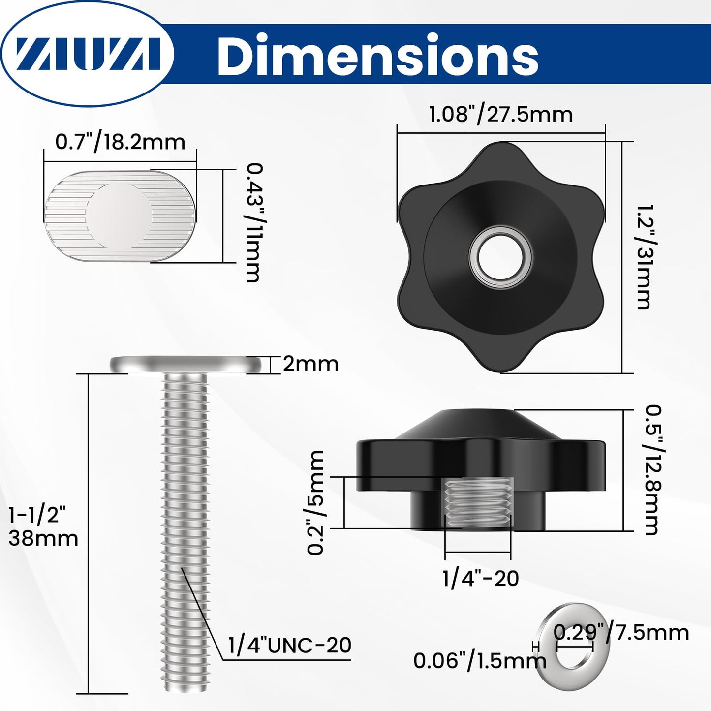 ZIUZI 10 Sets of 1/4"-20 T Track Knob Kit, Star Knobs Kit Include 1/4-20 Threaded Bolts with Washers and Star Knobs, T Track Accessories for Woodworking Jigs and Fixtures