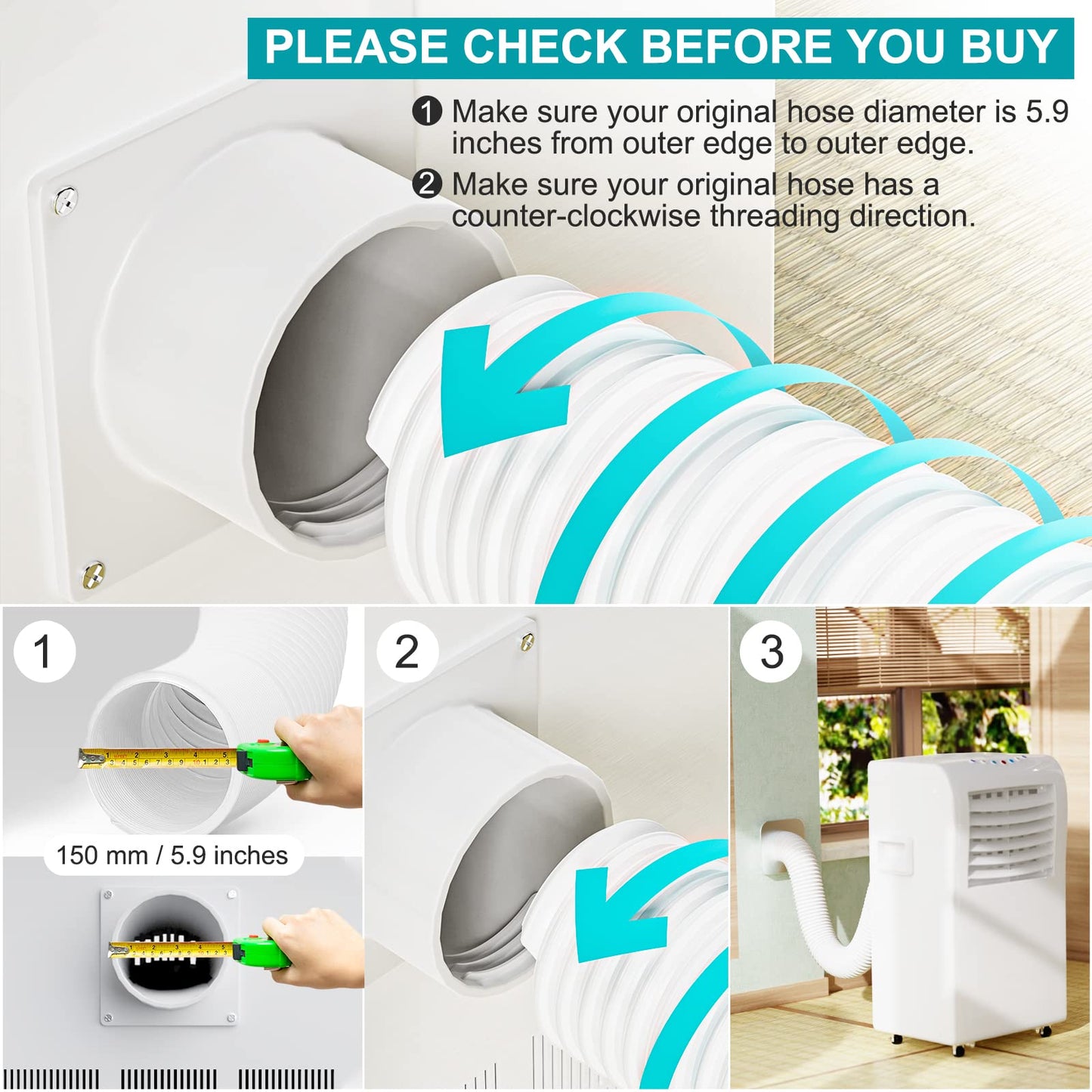 Portable AC Hose, YJHome 5.9 Inch Portable Air Conditioner Hose Counterclockwise AC Exhaust Hose Length to 80 Inch, Universal Replacement AC Vent Hose for Portable AC Models