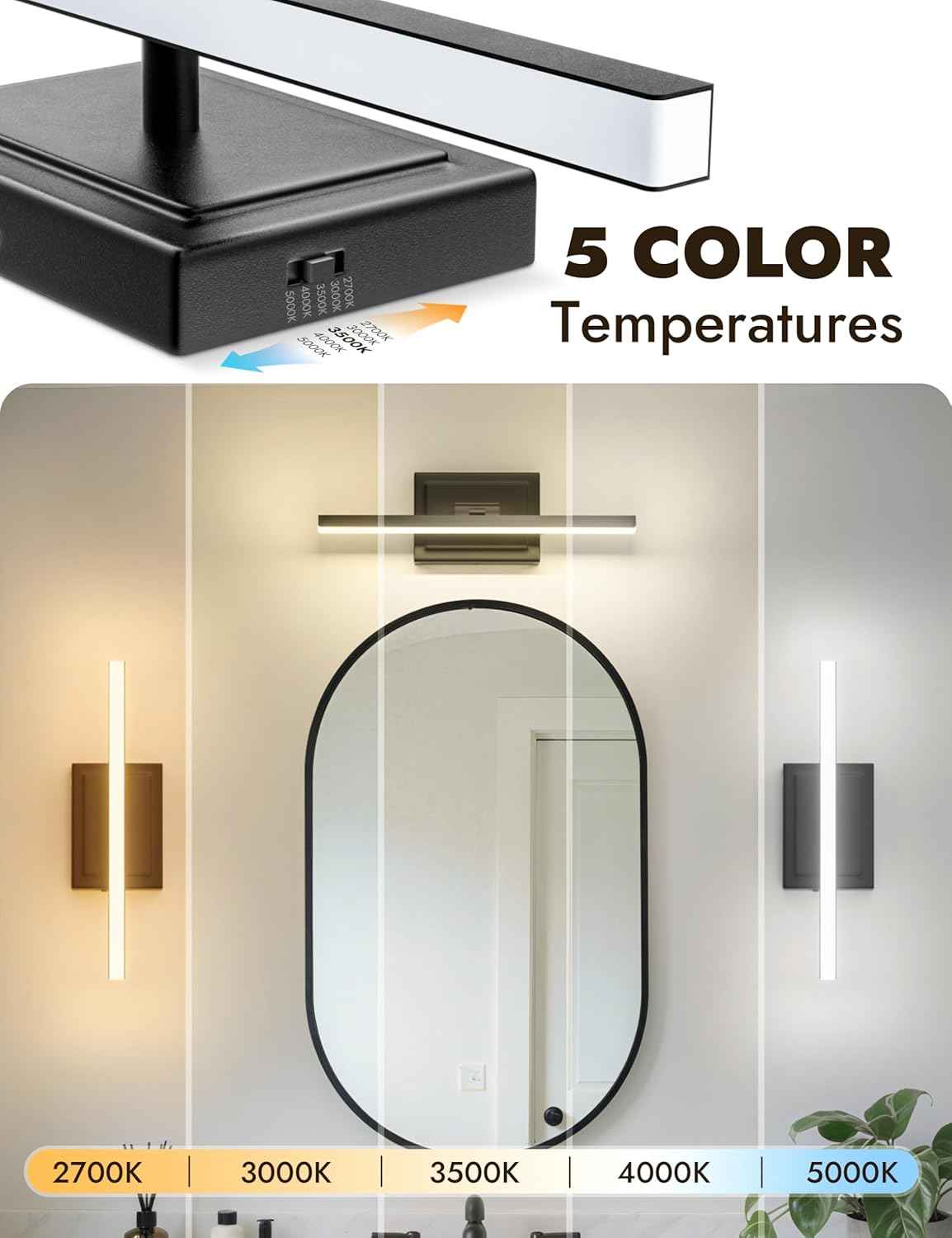 NIORSUN 24-Inch Dimmable LED Bathroom Vanity Light Fixture - Modern Black Over Mirror Lighting, 5CCT, ETL Certified