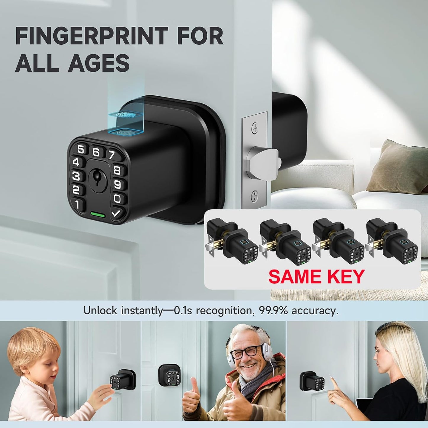 Smart Biometric Fingerprint Door Lock with Keypad - Keyless Entry, Waterproof, Auto Lock - Matte Black