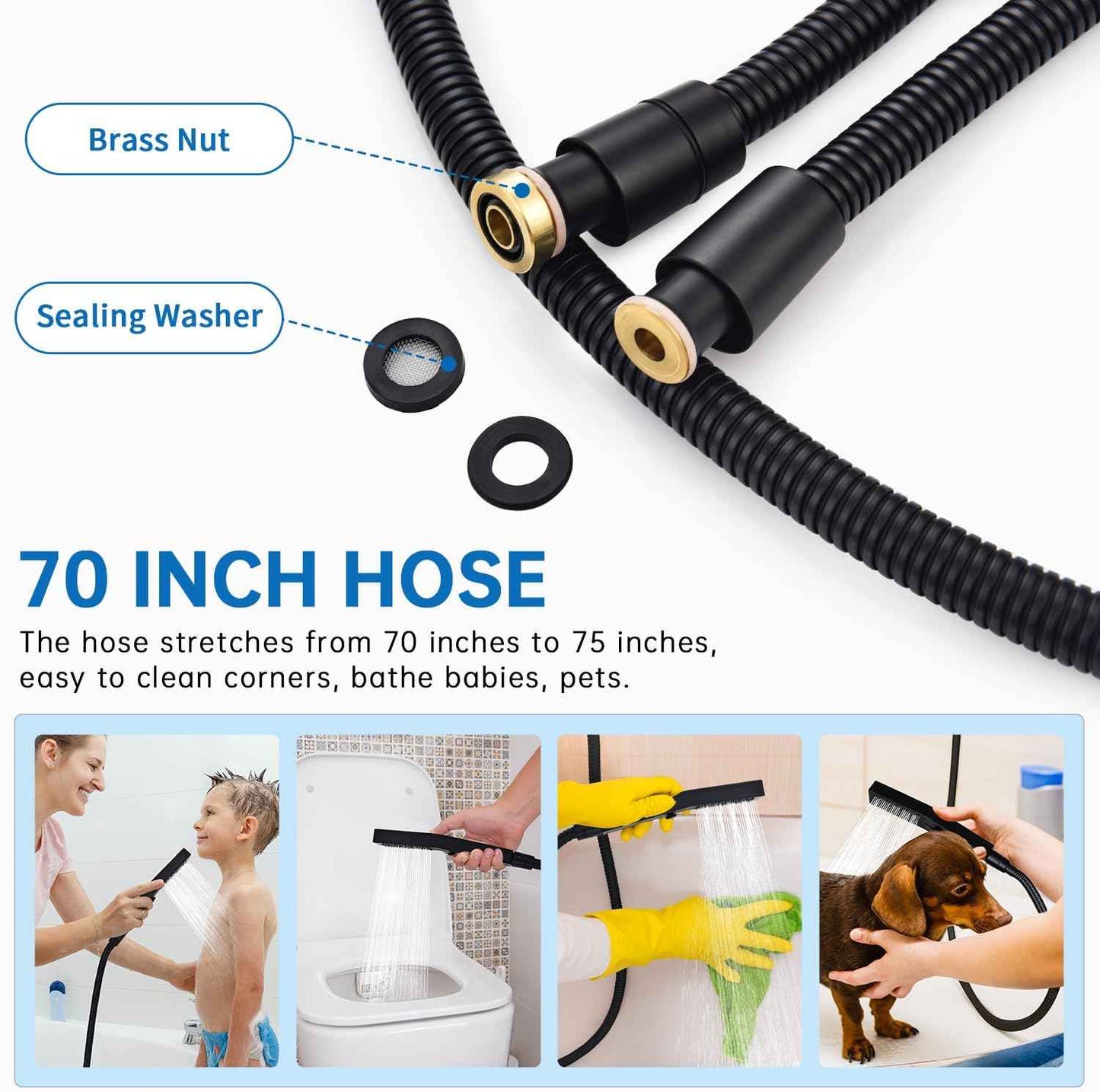 All Metal Handheld Shower Set with 3-Function Wand & 70-Inch Stainless Steel Hose
