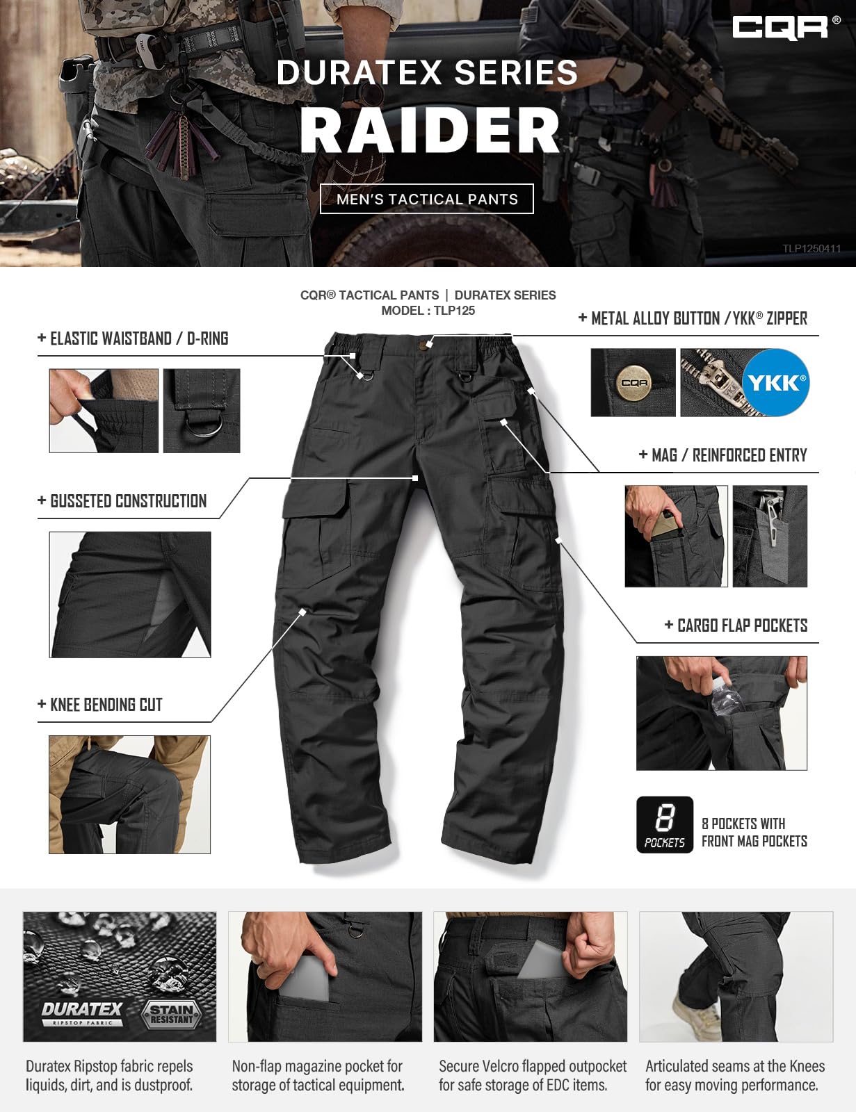 CQR Men's Tactical Pants, Water Resistant Ripstop Cargo Pants, Lightweight EDC Work Hiking Pants, Outdoor Apparel, Duratex Mag Pocket Black, 32W x 34L